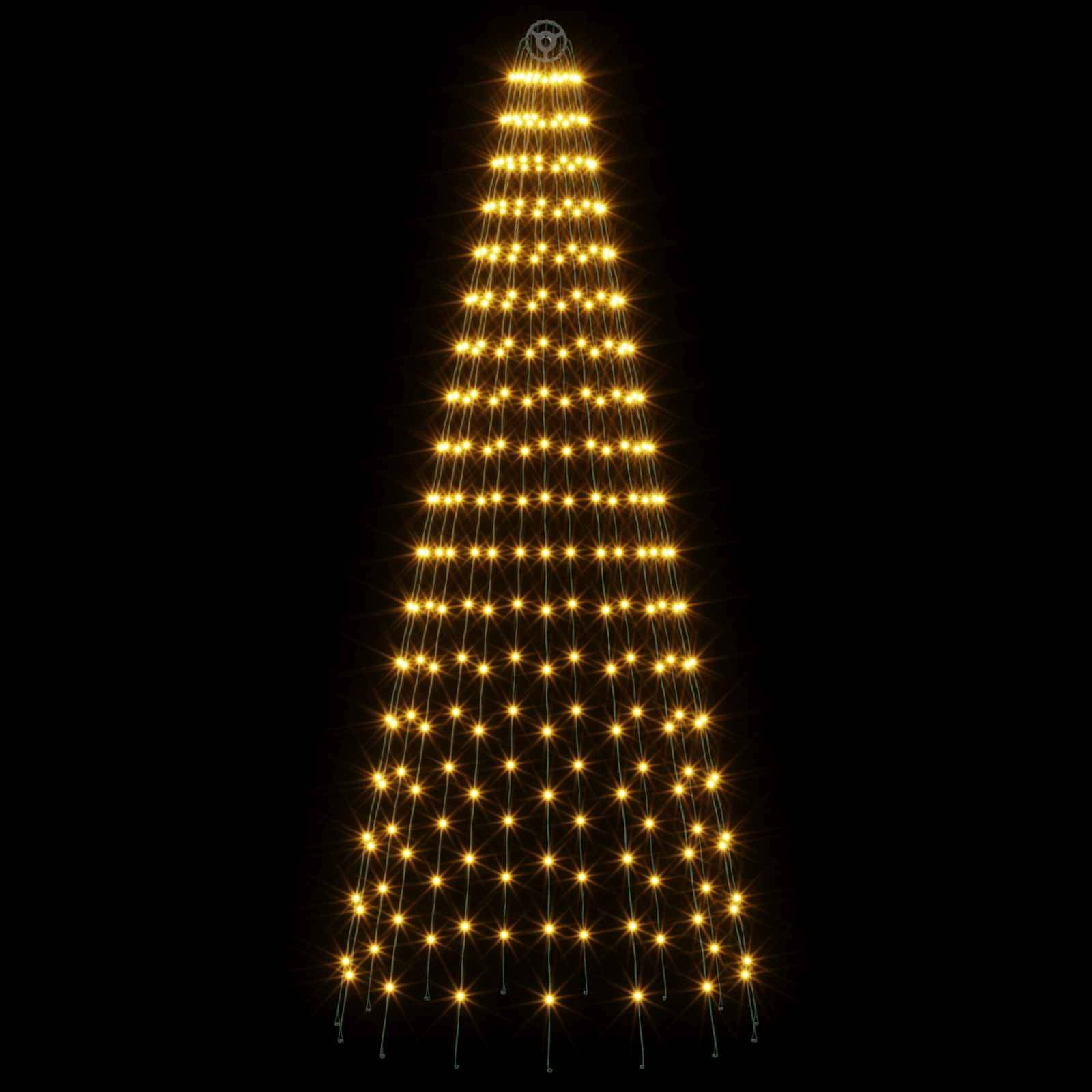 Hoher kegelförmiger Weihnachtsbaum aus leuchtenden warmweißen Lichtern auf schwarzem Hintergrund.
