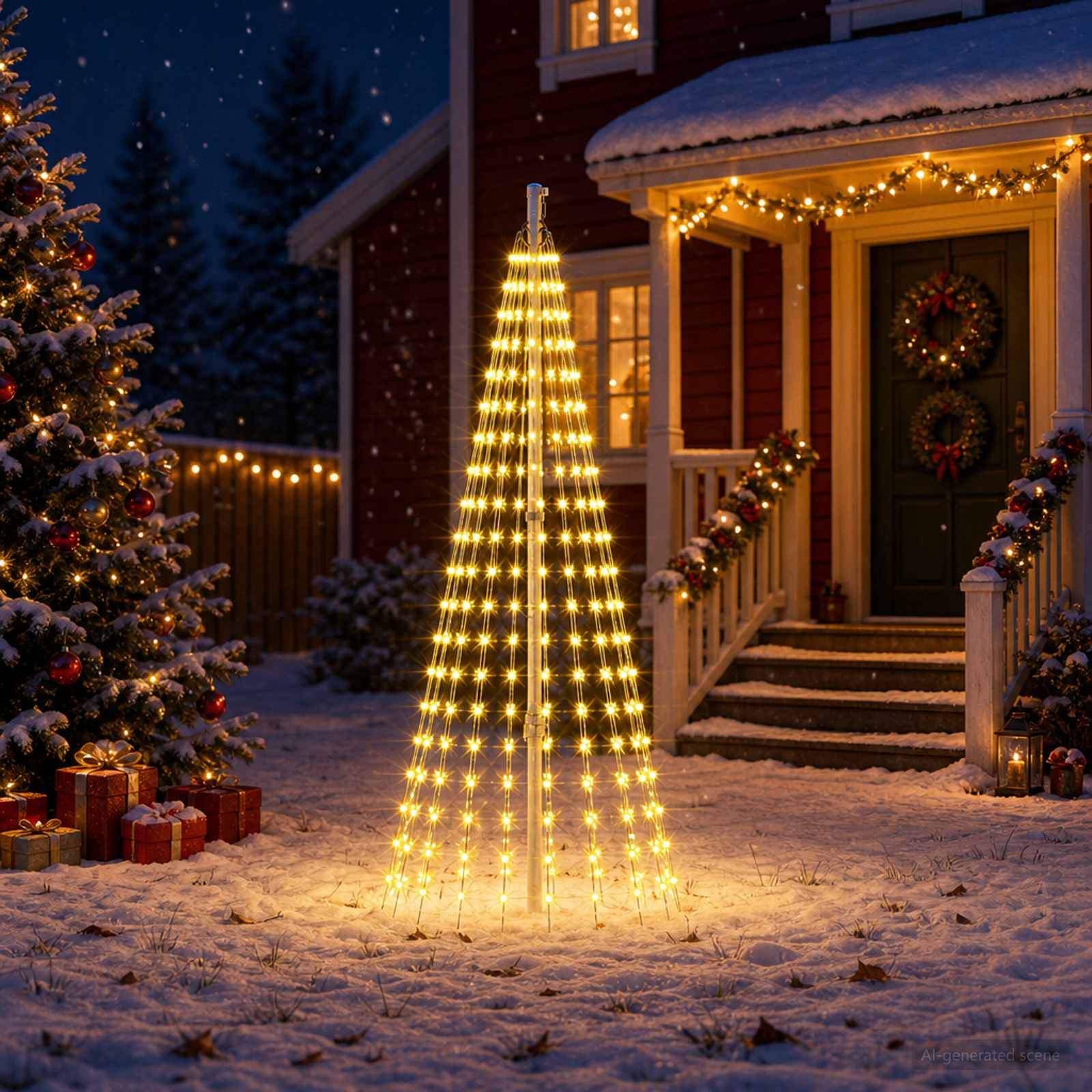 Schneebedeckter Vorgarten mit einem leuchtenden, kegelförmigen Lichterkettenbaum neben einem geschmückten Haus und verpackten Geschenken.