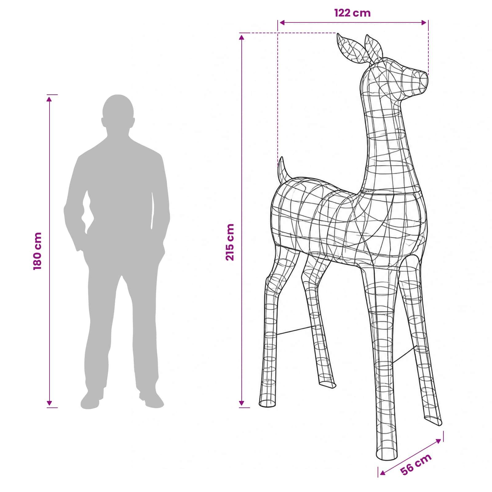 Diagramm zum Vergleich einer Silhouette einer 180 cm großen Person mit einer Drahtgitter-Giraffenskulptur mit einer Höhe von 215 cm, einer Länge von 122 cm und einer Breite von 56 cm.