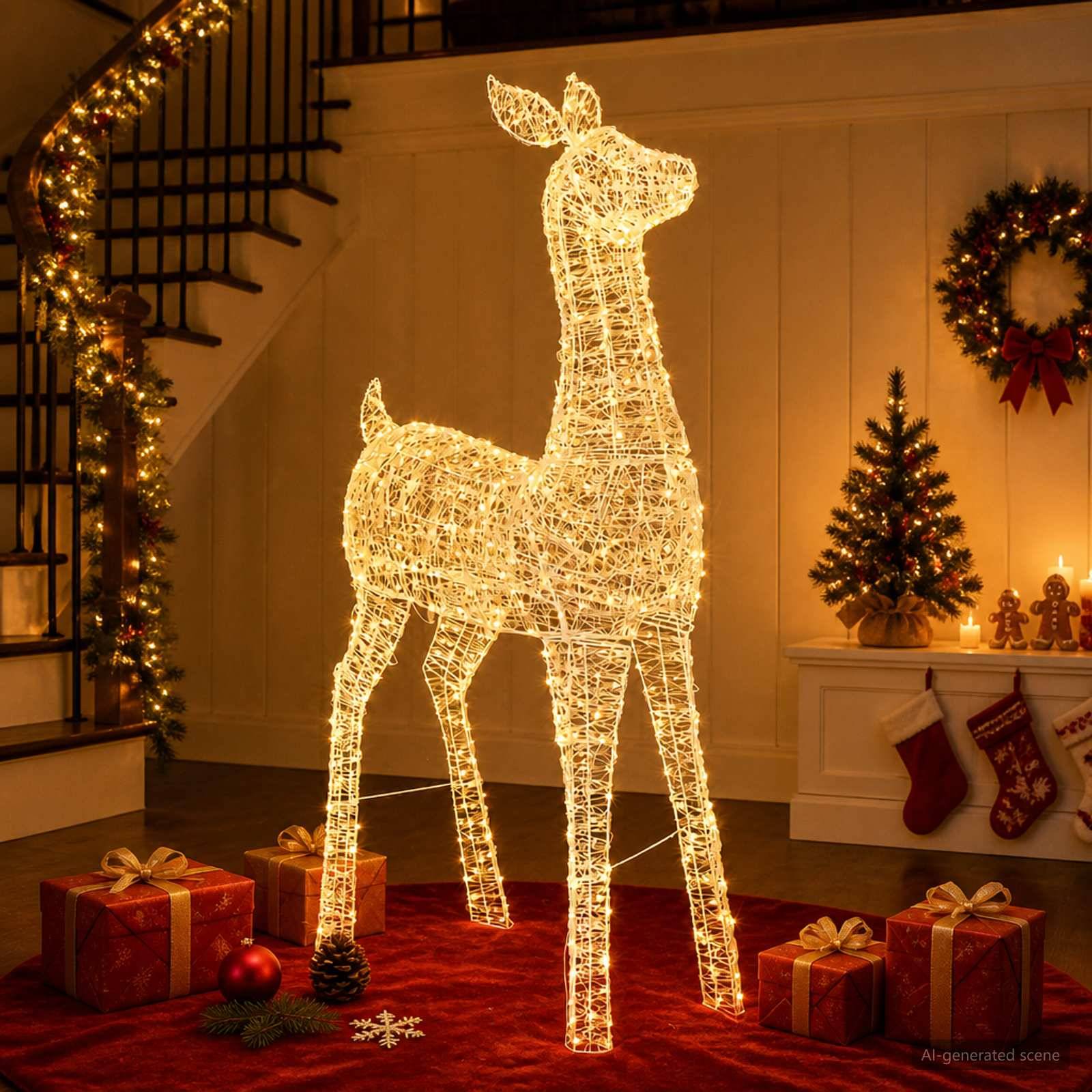 Leuchtender Drahtrahmenkörper von Rentieren als Weihnachtsdekoration in einem gemütlichen Wohnzimmer, umgeben von eingepackten Geschenken, Strümpfen, einem Adventskranz und einem Weihnachtsbaum.