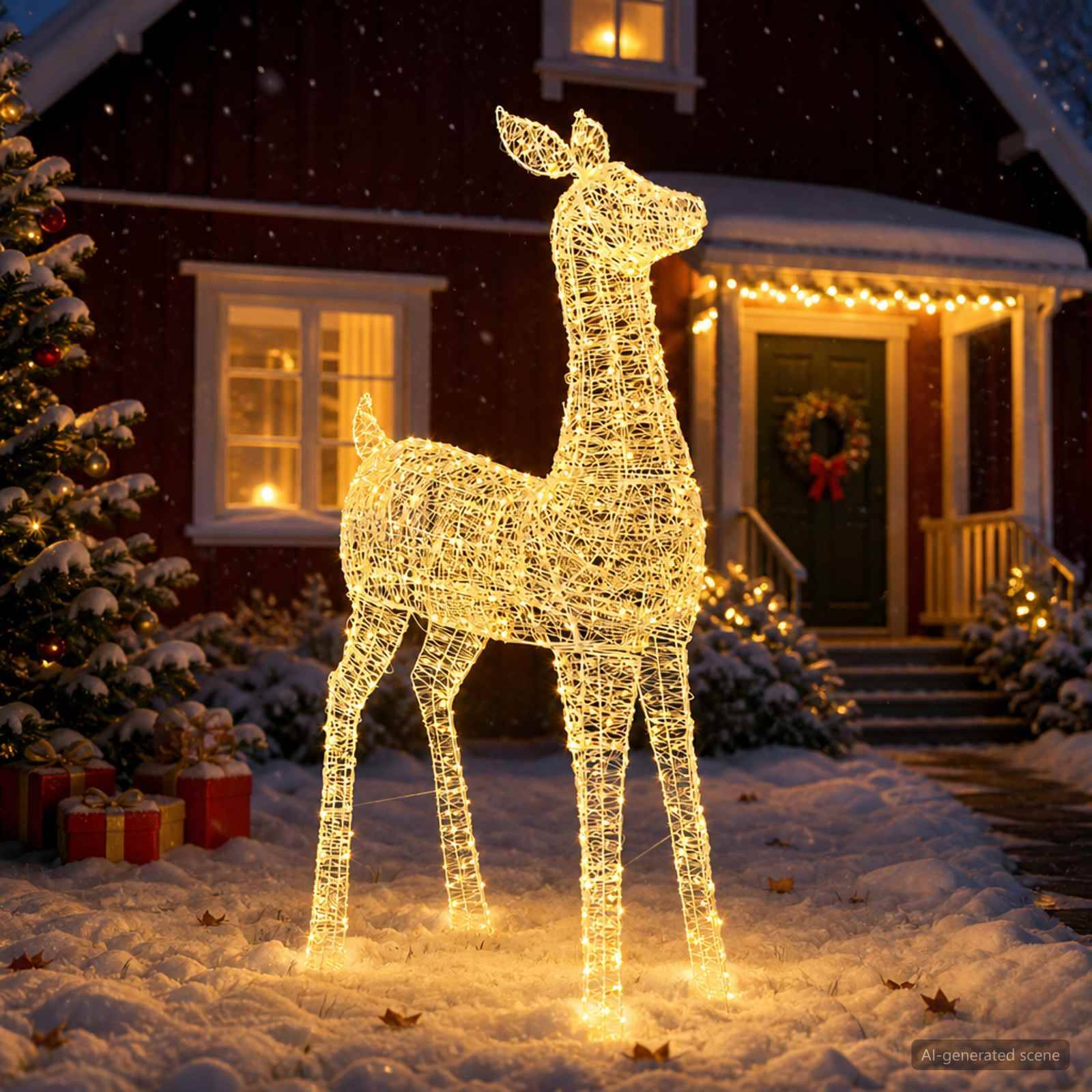 Beleuchtete Drahtgitter-Rentier-Dekoration, die nachts in einem schneebedeckten Vorgarten vor einem Haus mit Weihnachtslichtern und Kranz steht.