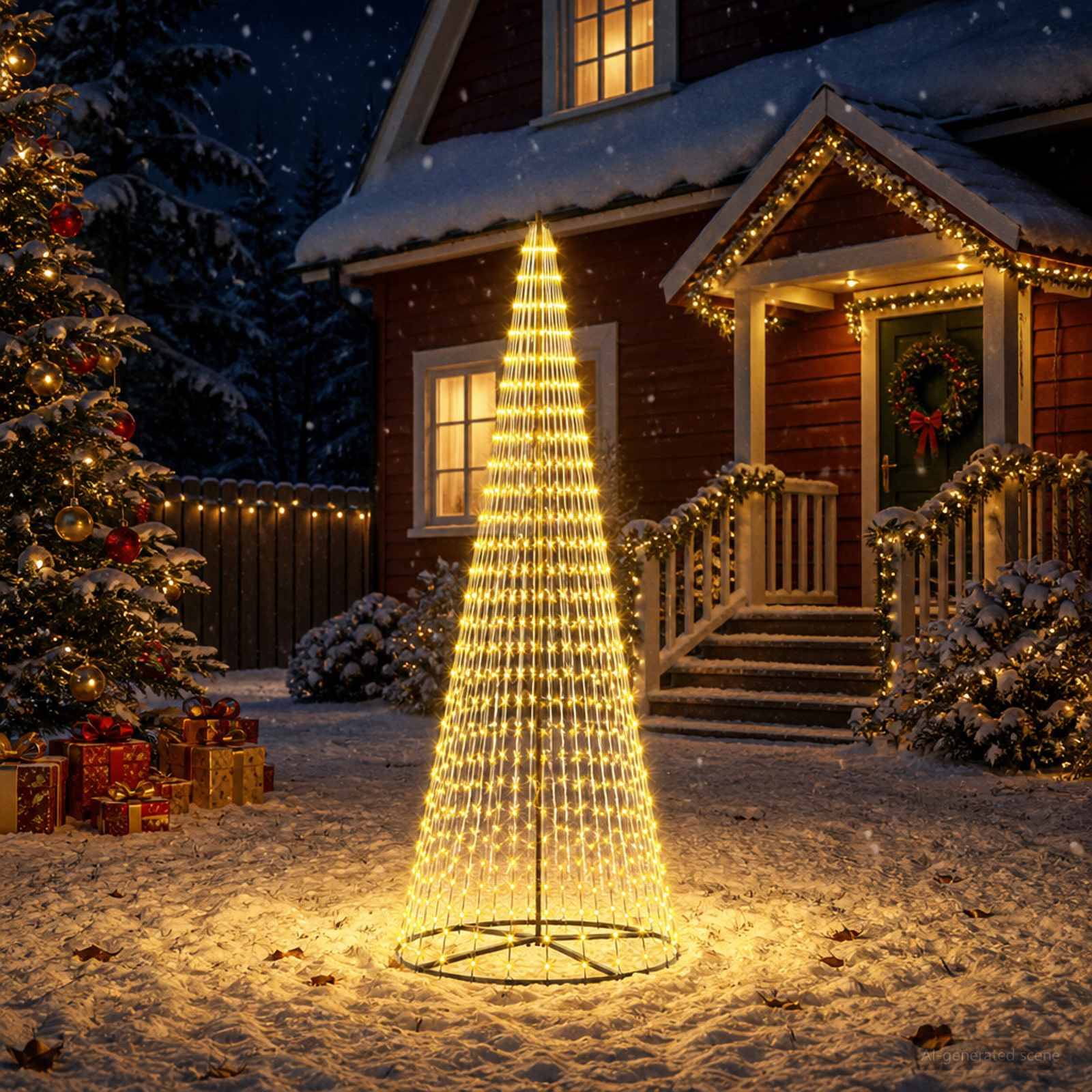 Verschneiter Feiertagsgarten mit einem leuchtenden kegelförmigen Lichtbaum in der Mitte vor einem geschmückten Haus, Weihnachtsbaum, Geschenken und beleuchter Veranda.
