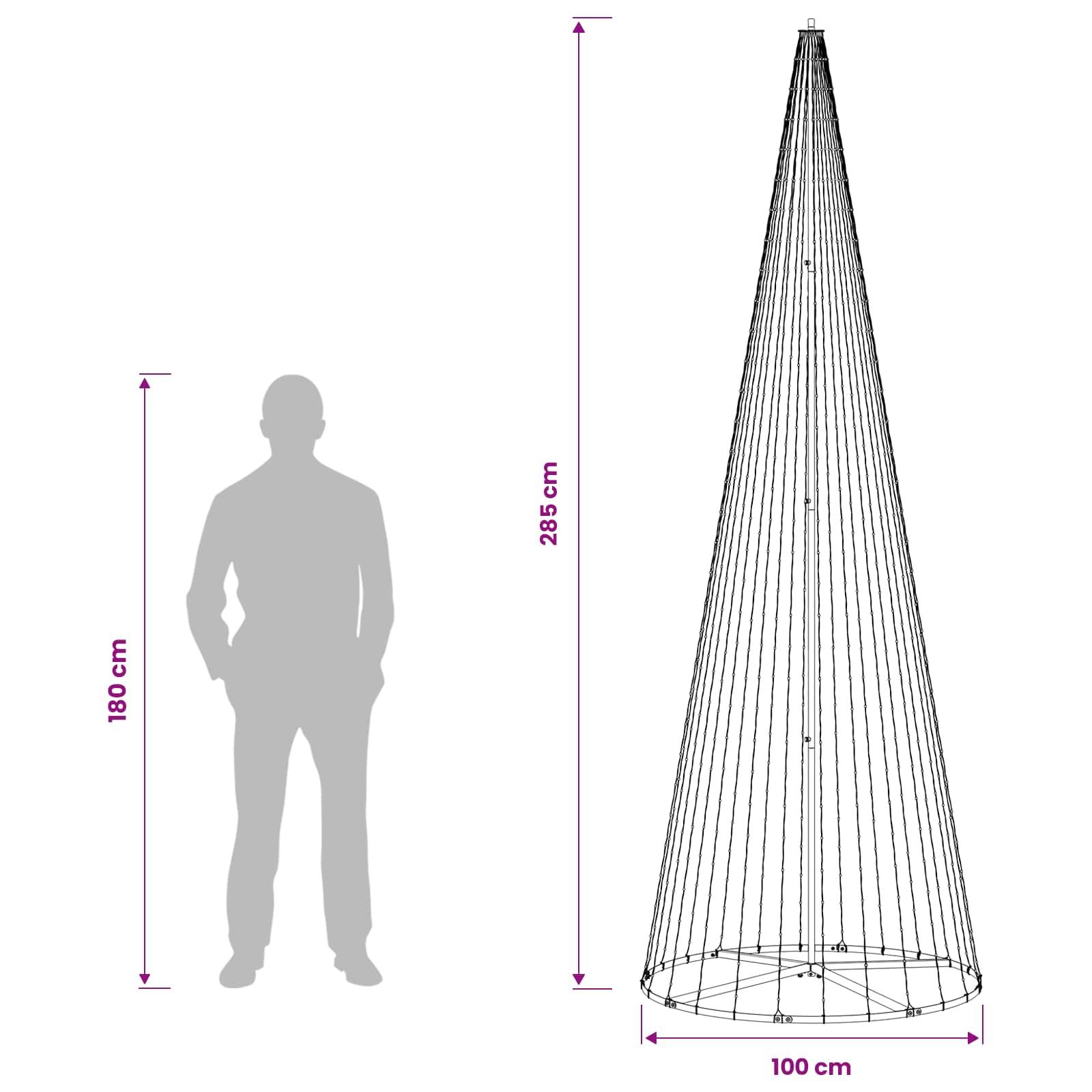 Vergleichsbild, das eine 180 cm große Person neben einer kegelförmigen Struktur zeigt, die 265 cm hoch und an der Basis 100 cm breit ist.