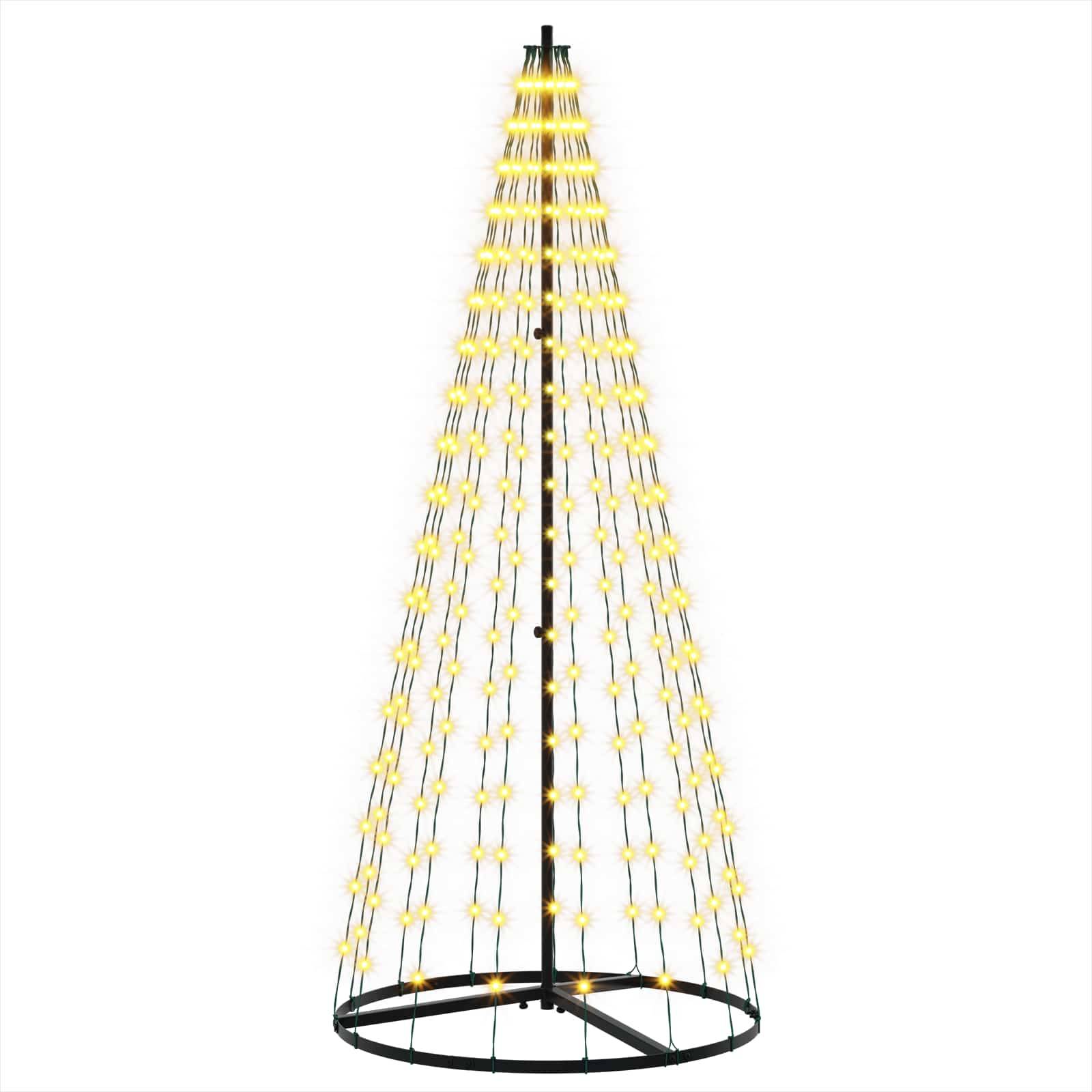 Kegelförmiger schwarzer Metallrahmen mit warmgelben Lichtern besaitet, der eine leuchtende baumförmige Dekoration auf weißem Hintergrund bildet.