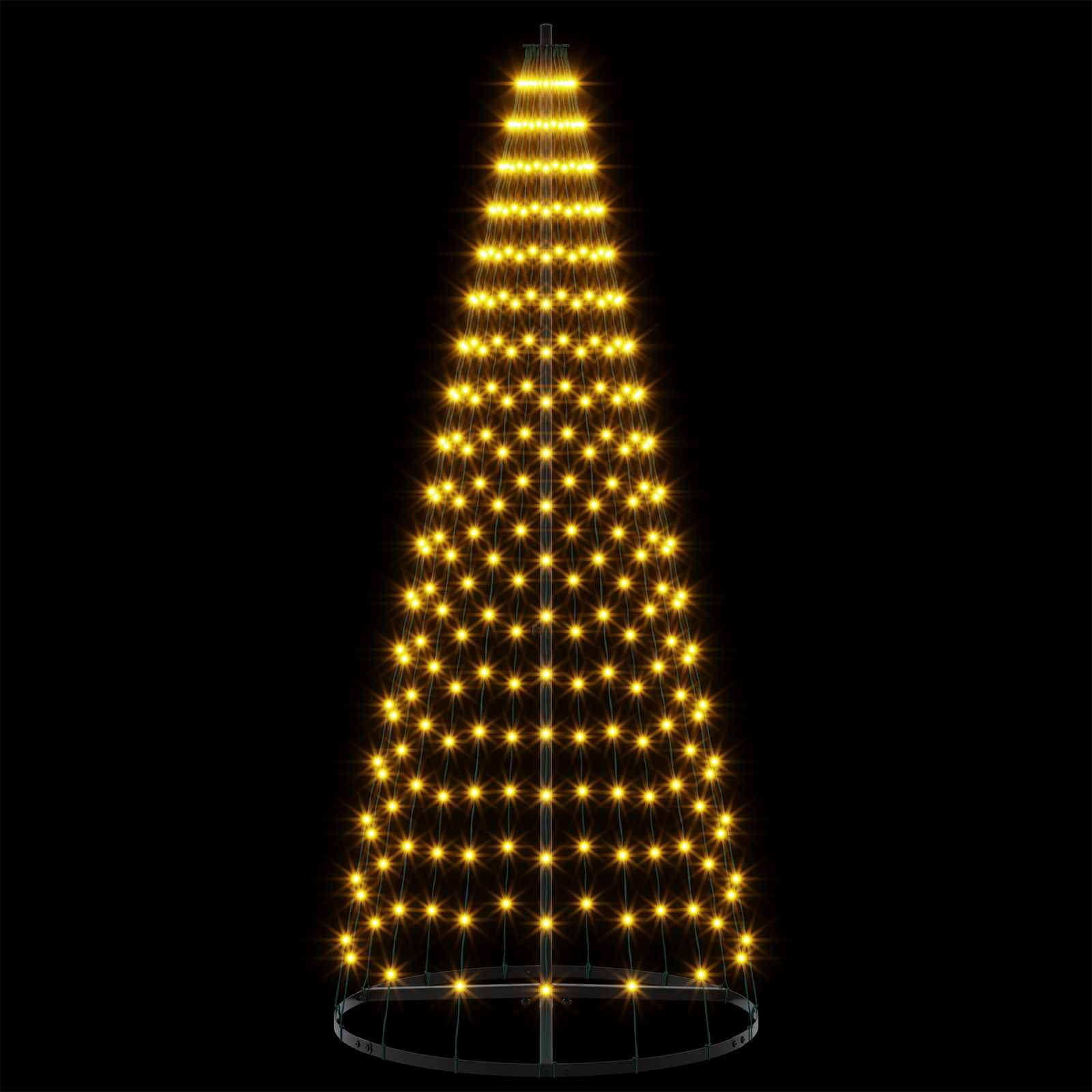 Kegelförmige Feiertagslichtanzeige, die auf schwarzem Hintergrund golden leuchtet, wie ein leuchtender Weihnachtsbaum.