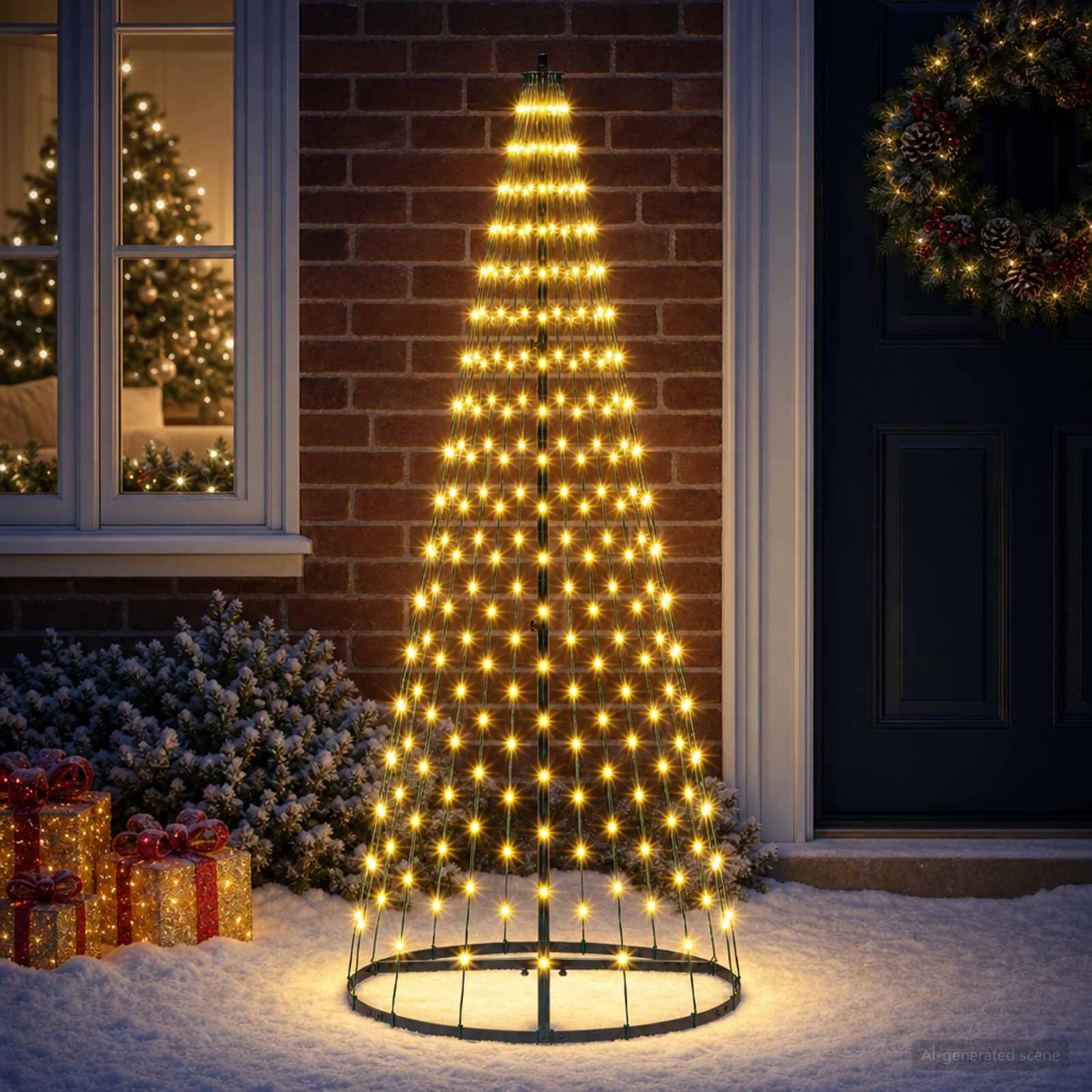 Weihnachtsdekoration für den Außenbereich in Form eines beleuchteten Kegelbaumsternens auf einer verschneiten Veranda neben eingewickelten Geschenken, einem Fenster und einem Kranz an der Tür.