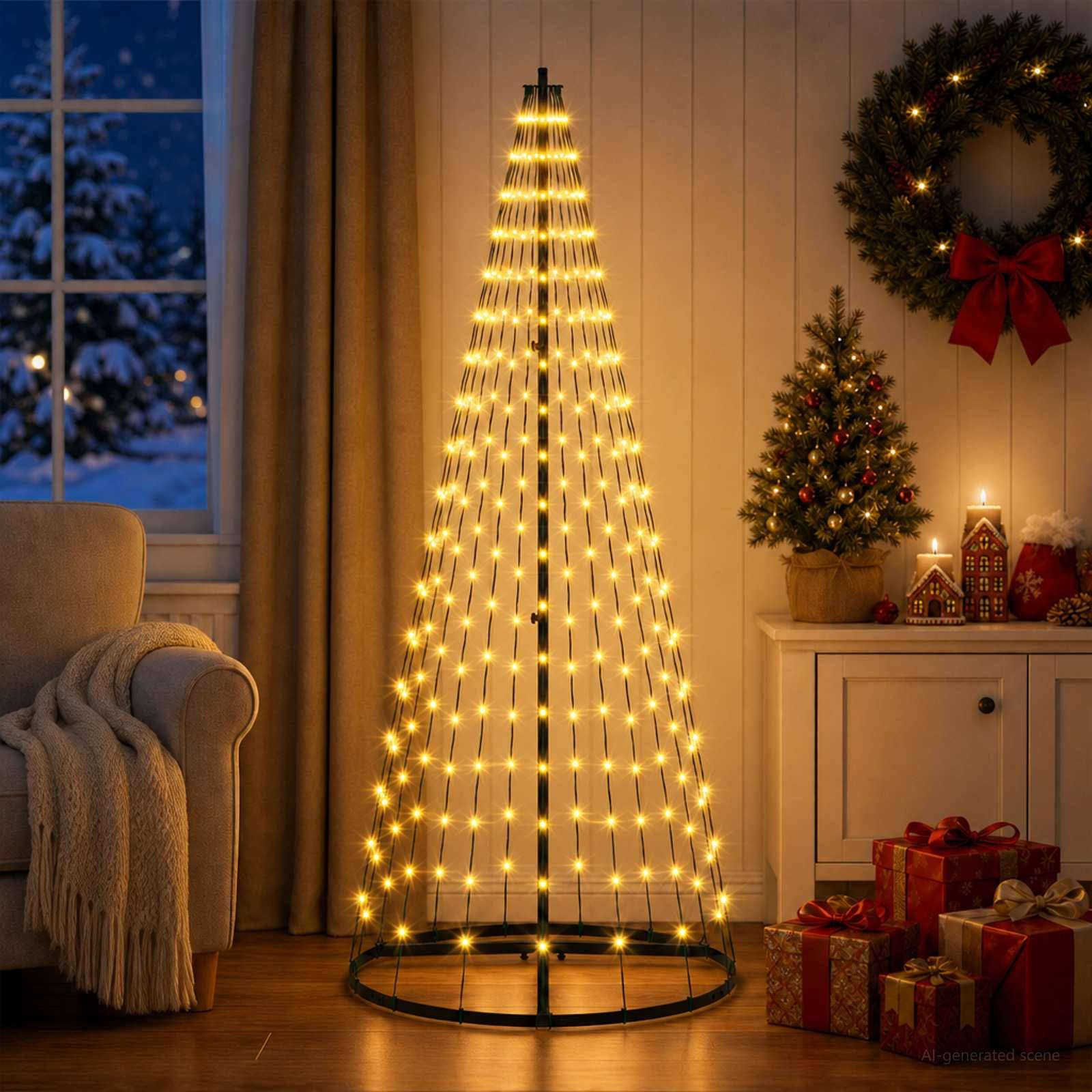 Eine leuchtende kegelförmige Weihnachtsbaumleuchtskulptur neben einem dekorierten Feiertagskamin mit Kranz, Geschenken und einem Fenster, das Schnee draußen zeigt.
