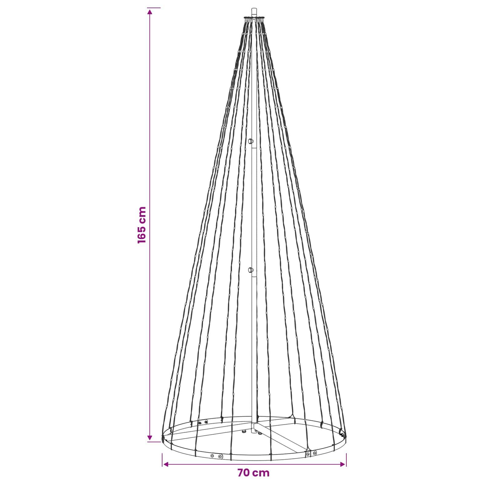 Strichzeichnung eines kegelförmigen Baumrahmens, 165 cm hoch und 70 cm breit an der Basis.