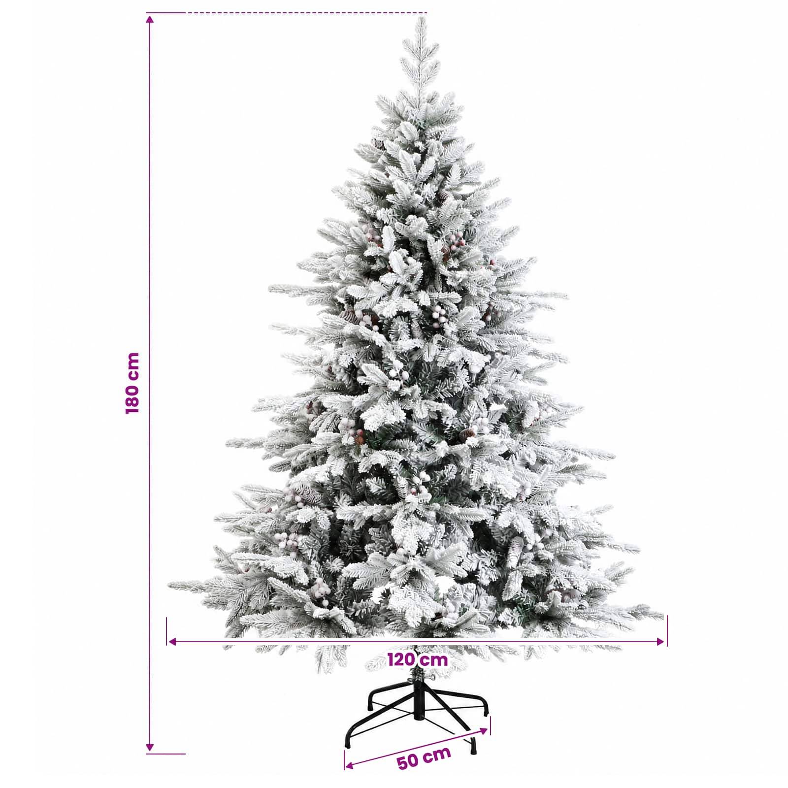 Künstlicher, schneebedeckter Weihnachtsbaum, 180 cm hoch und 120 cm breit, auf einem 50 cm hohen Ständer.