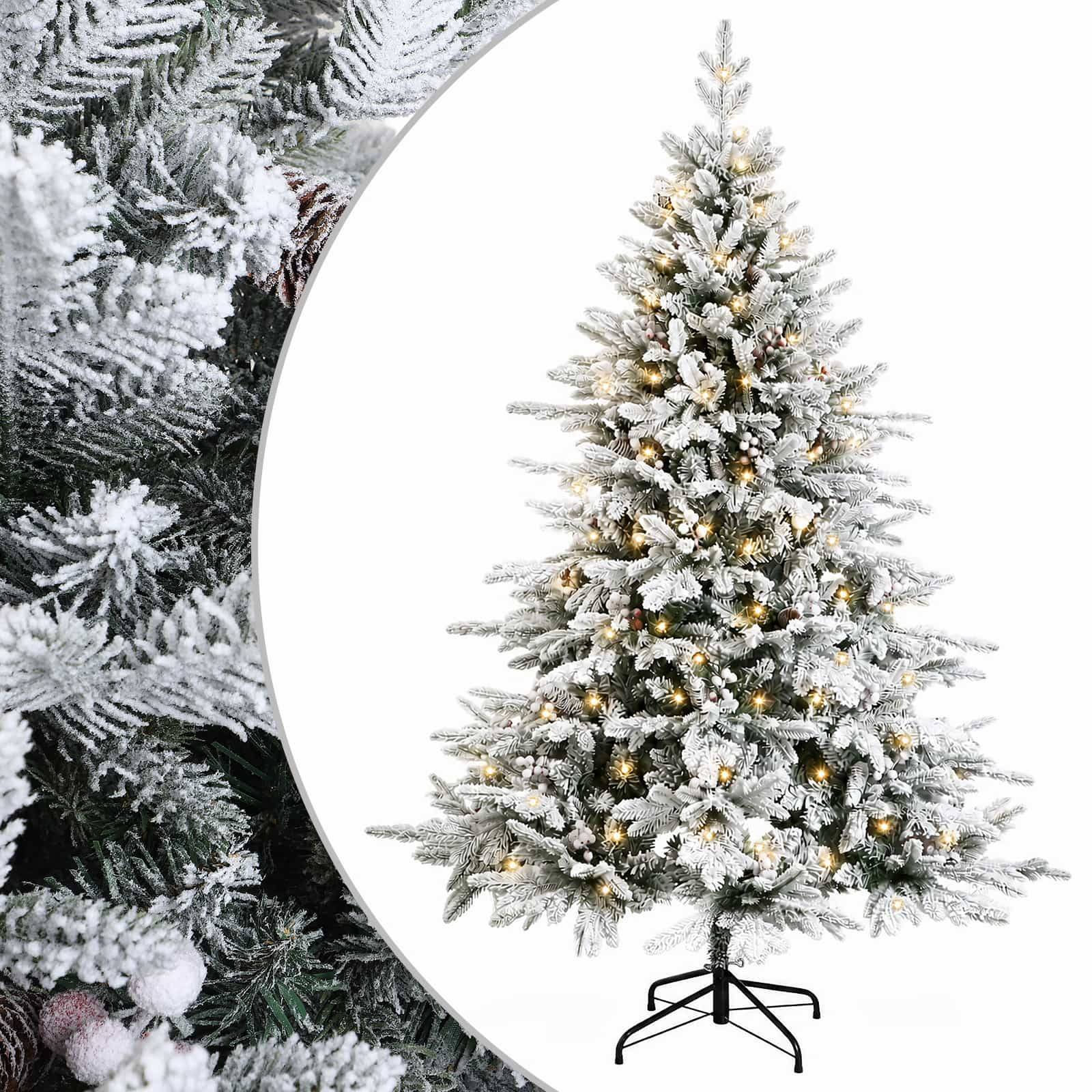 Mit Schnee beflockter künstlicher Weihnachtsbaum mit warmweißen Lichtern auf schwarzem Ständer, gezeigt als Produktbild mit vergrößertem schneebedecktem Ast als Einsatz.