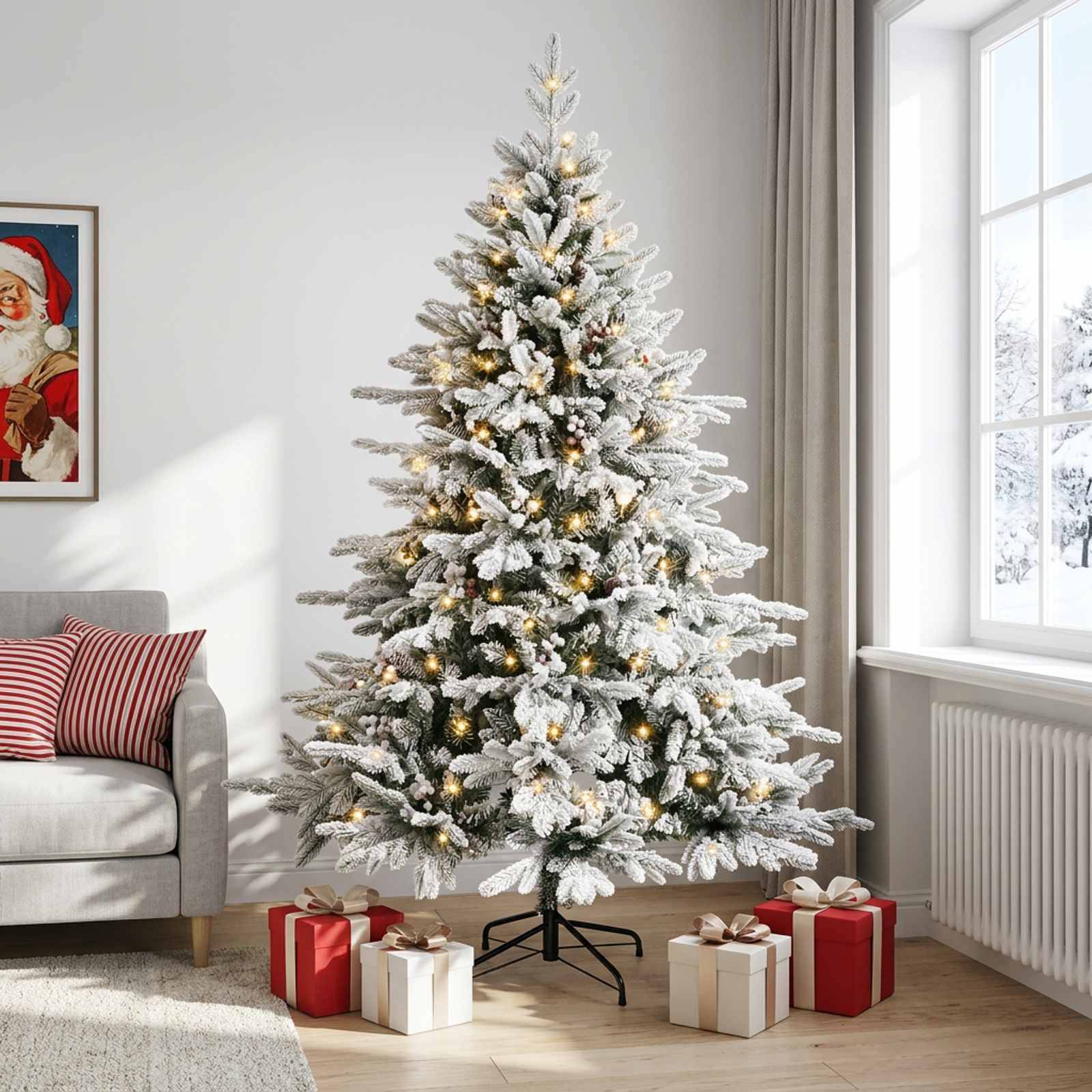 Schneebedeckter Weihnachtsbaum mit warmen Lichtern und Geschenken in einem hellen Wohnzimmer neben einem Fenster.