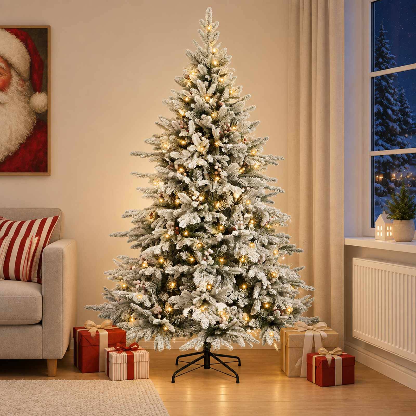 Mit Schnee bedeckter Weihnachtsbaum mit warmen Lichtern steht in einem gemütlichen Wohnzimmer neben eingewickelten Geschenken, einem Sofa und einer Winterfensteransicht.