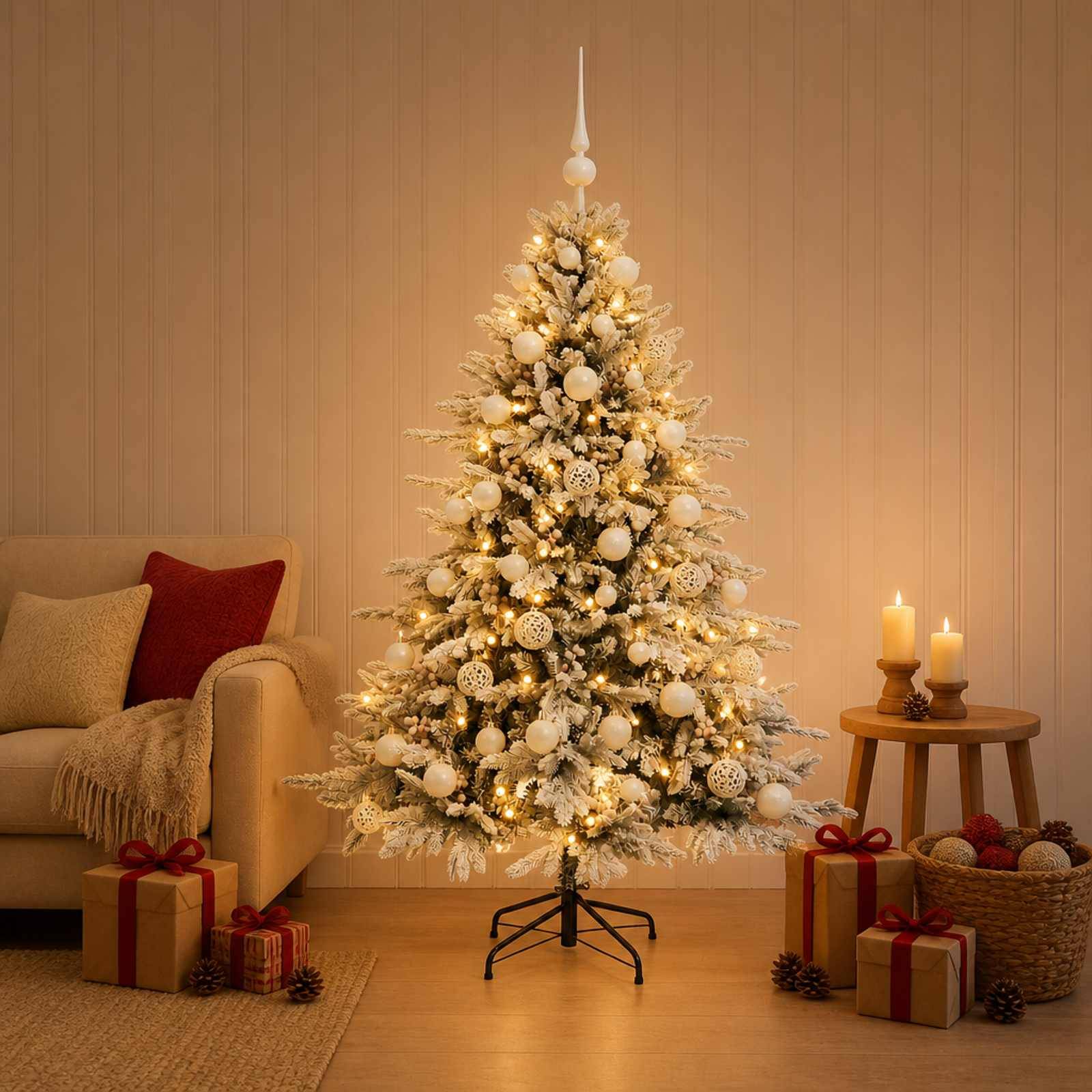 Ein beleuchteter, schneebestäubter Weihnachtsbaum mit weißen und goldenen Ornamenten steht in einem gemütlichen Wohnzimmer neben eingepackten Geschenken, Kerzen und einem Sofa.