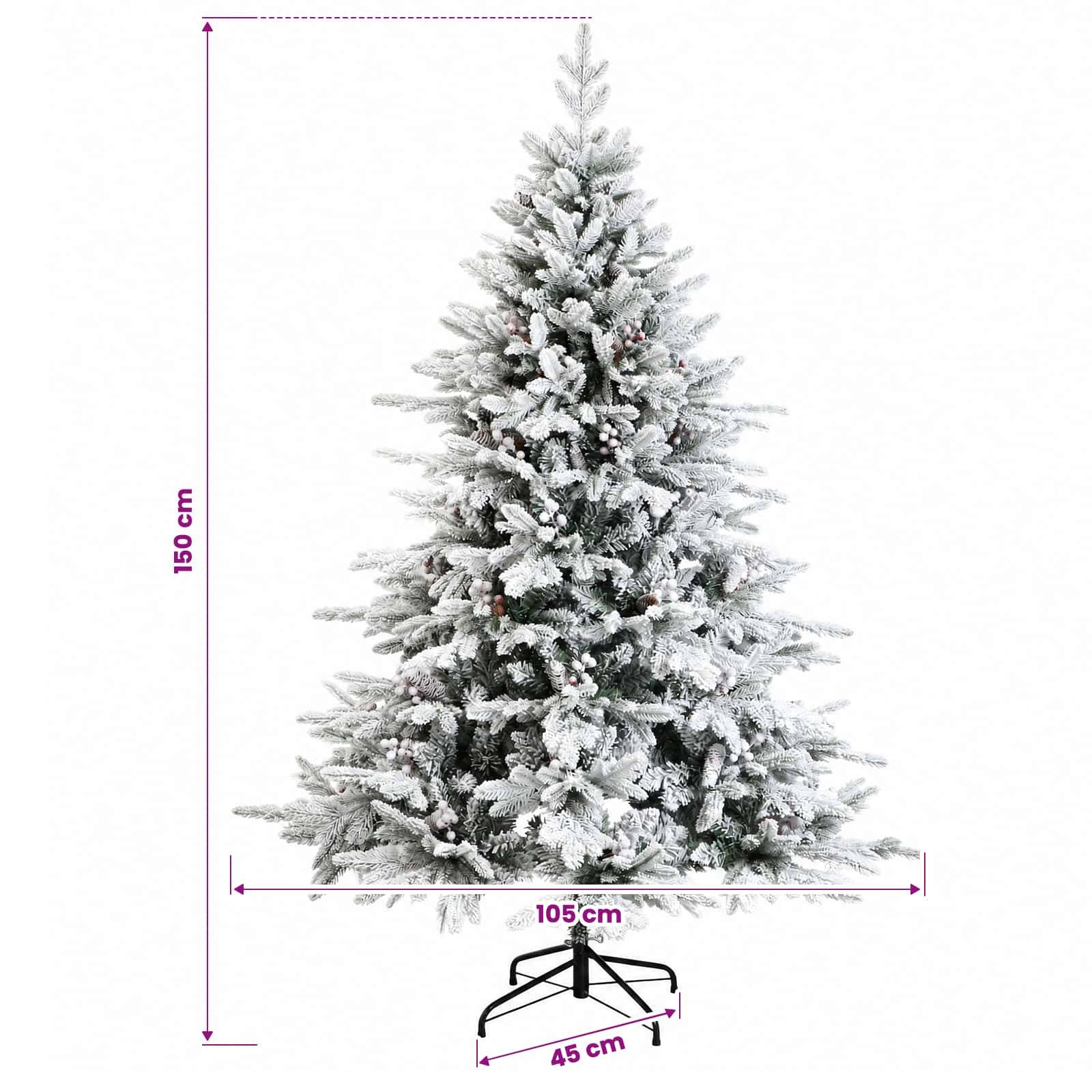 Schneebedeckter künstlicher Weihnachtsbaum auf Ständer, gezeigt mit Abmessungen: 150 cm hoch und 105 cm breit, mit 45 cm Sockelbreite.