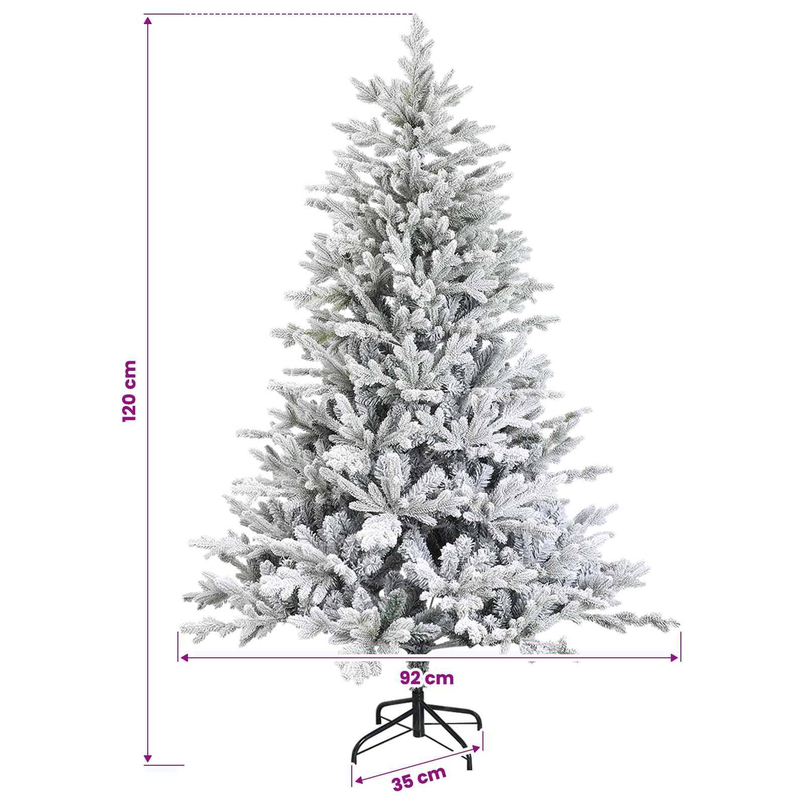 Mit Schnee bedeckter künstlicher Weihnachtsbaum, 120 cm hoch und 92 cm breit, dargestellt mit einem 35 cm hohen Standfuß.