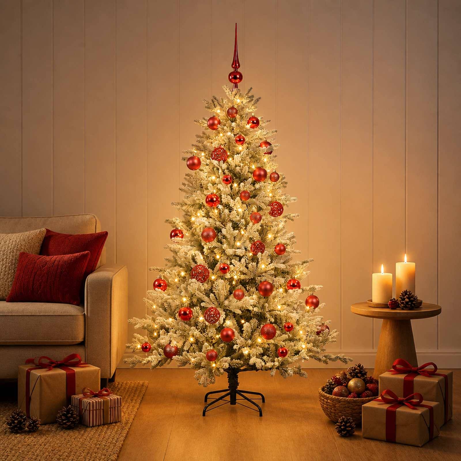 Ein leuchtender weißer Weihnachtsbaum, der mit roten Kugeln geschmückt ist, steht in einem gemütlichen Wohnzimmer neben einem Sofa, Kerzen und eingepackten Geschenken.