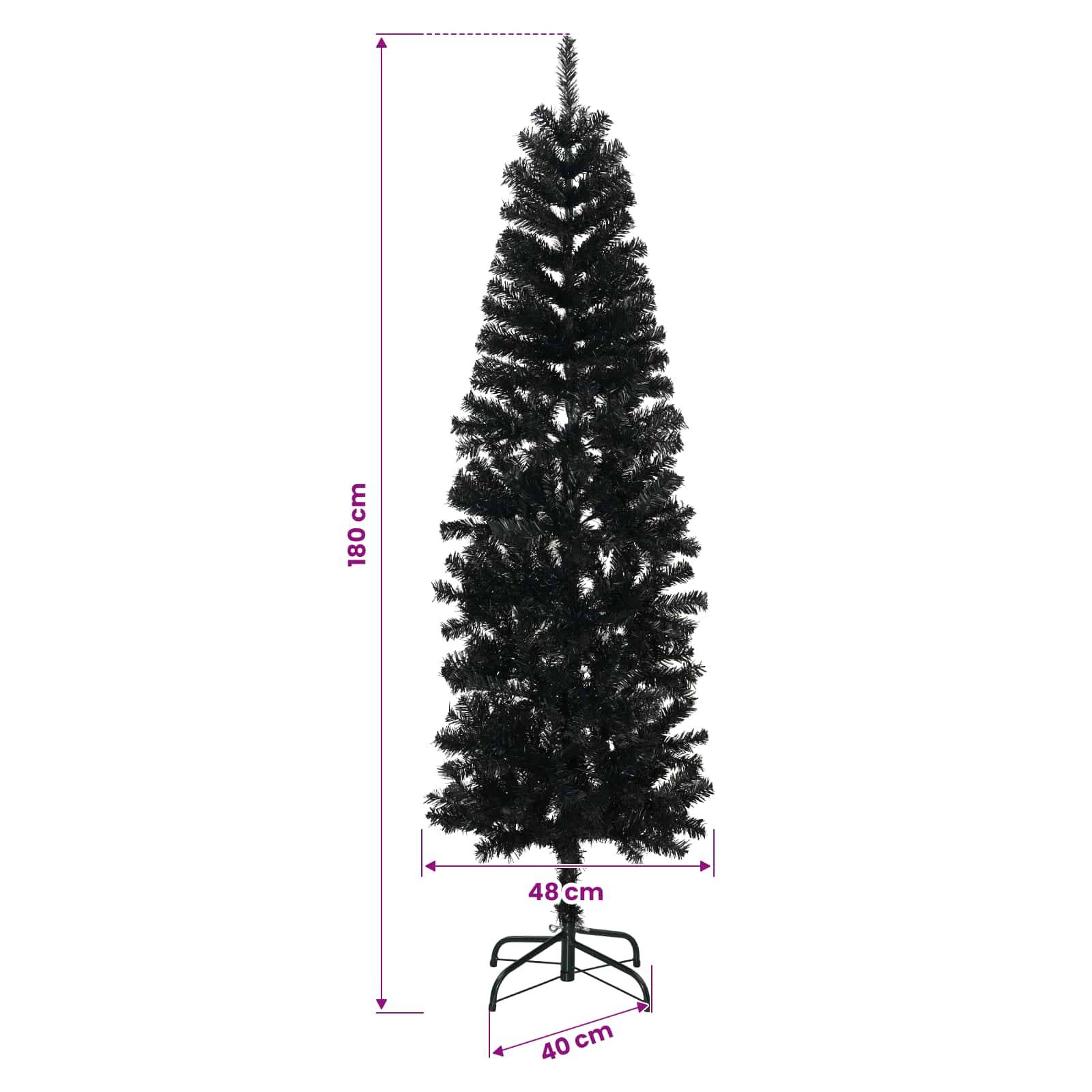Schwarzer künstlicher Weihnachtsbaum auf einem Ständer, mit Abmessungen dargestellt: 180 cm hoch, 48 cm breit, 40 cm Basisbreite.
