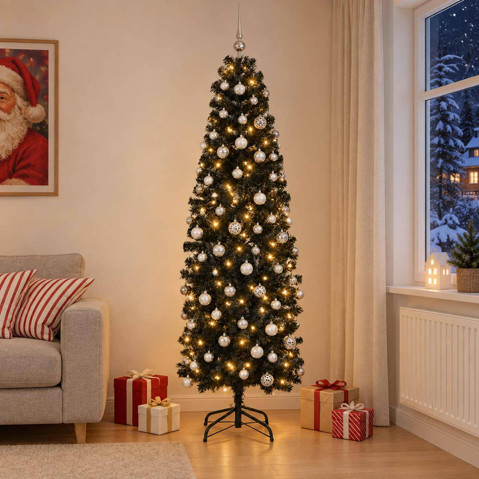 Geschmückter Weihnachtsbaum mit weißen Kugeln und Lichtern in einem gemütlichen Wohnzimmer neben einem Sofa, Fenster und eingepackten Geschenken.