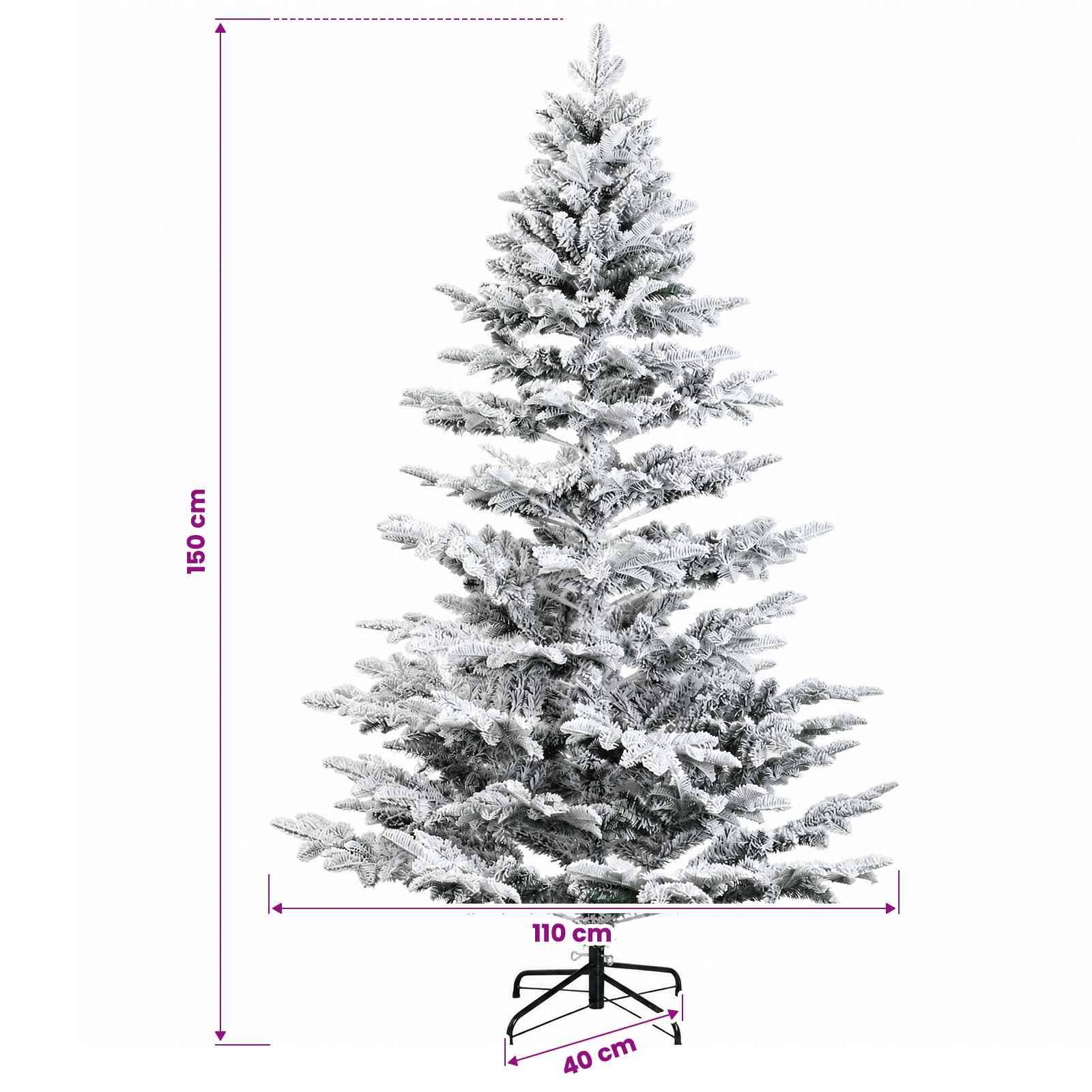 Mit Kunstschnee bedeckter künstlicher Weihnachtsbaum, 150 cm hoch und 110 cm breit, mit einem 40 cm hohen Ständer.