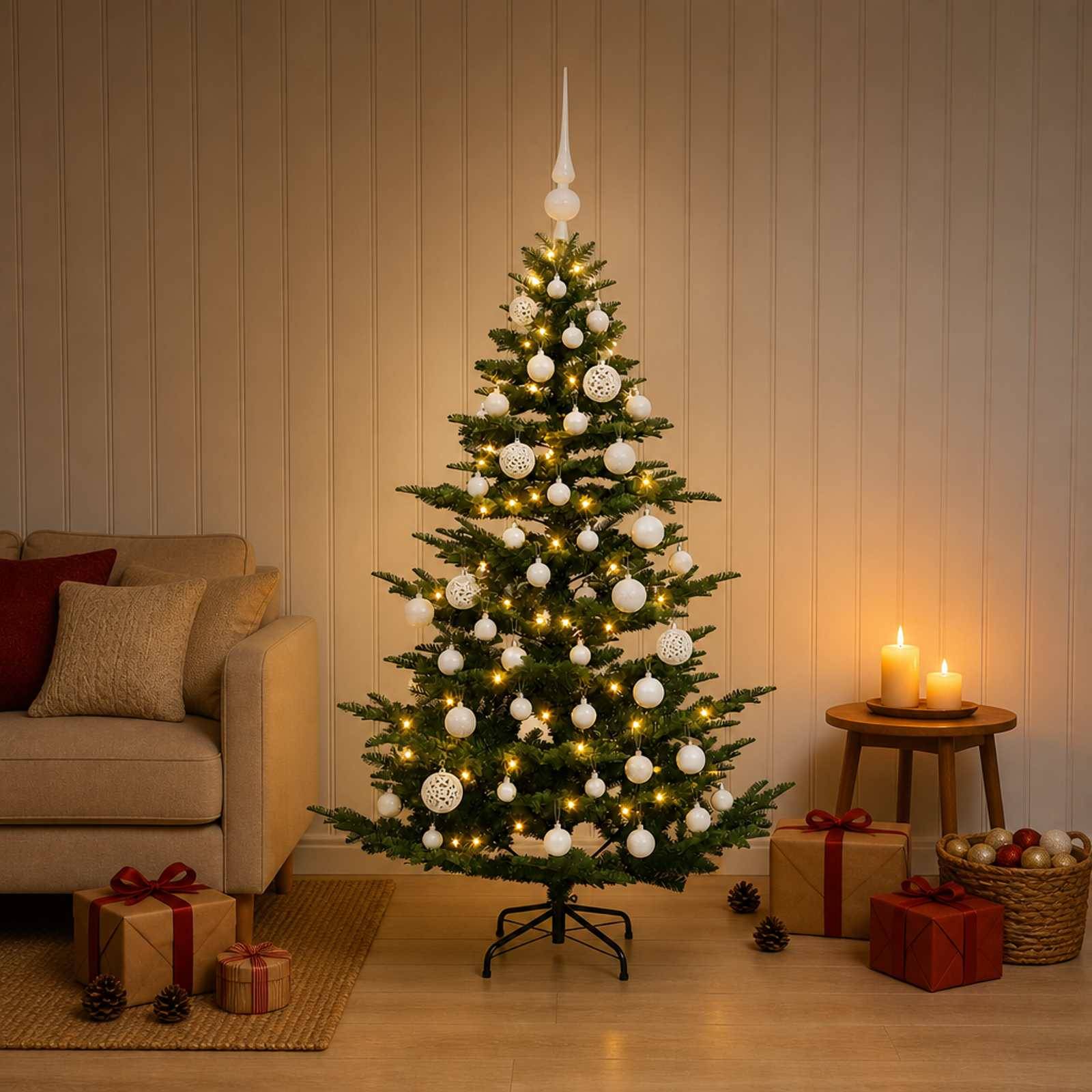 Ein geschmückter Weihnachtsbaum mit weißen Kugeln und Lichtern steht in einem gemütlichen Wohnzimmer neben eingepackten Geschenken, Kerzen und einem Sofa.