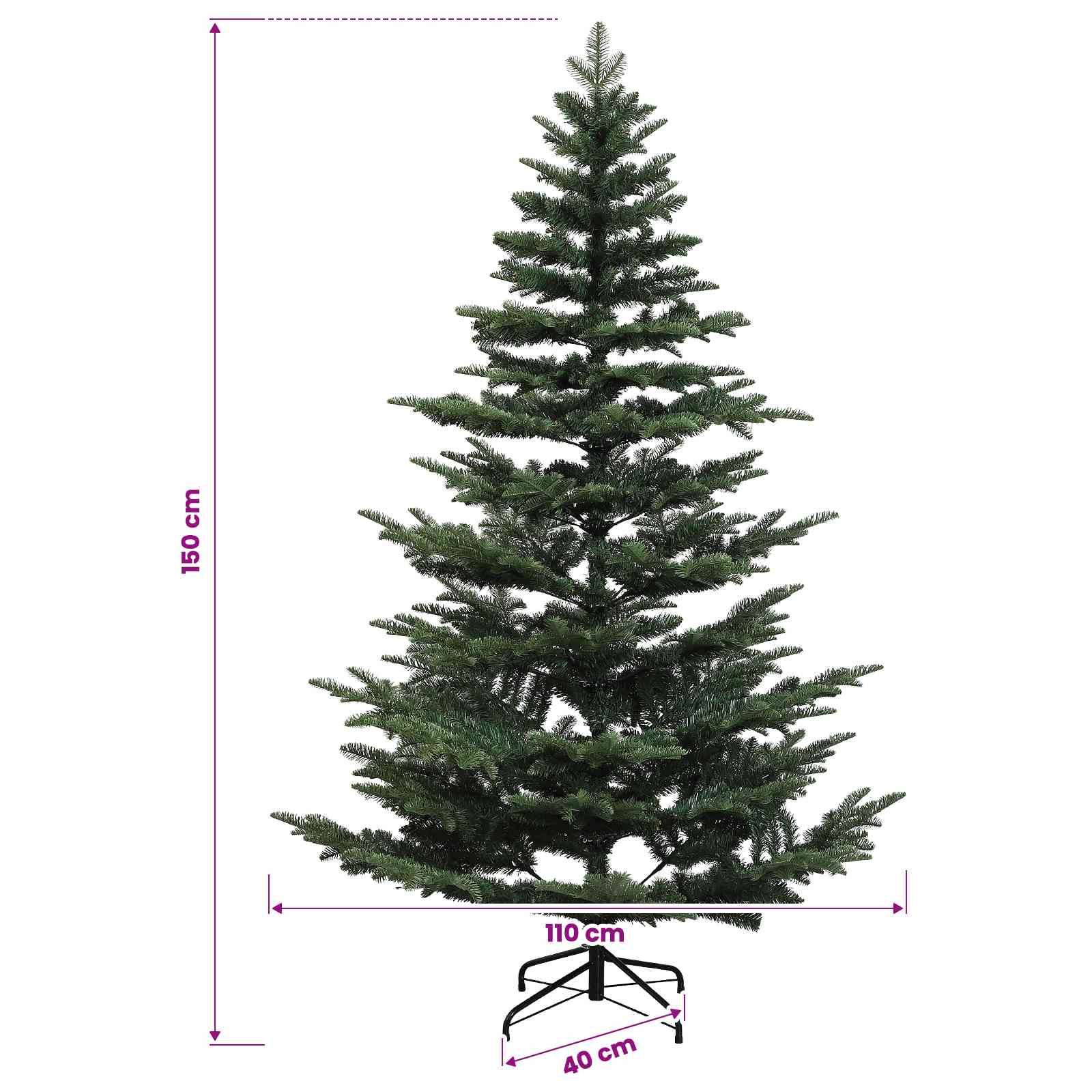 Künstlicher Weihnachtsbaum, 150 cm hoch und 110 cm breit, mit einem Basisdurchmesser von 40 cm.