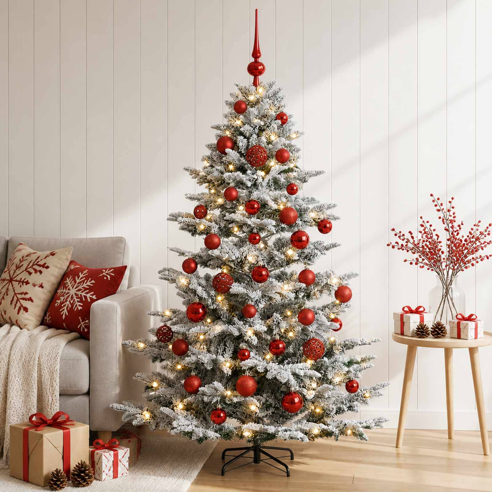 Ein mit Schnee bedeckter Weihnachtsbaum mit roten Kugeln und Lichtern steht in einem gemütlichen Wohnzimmer neben einem Sofa, Geschenken und einem kleine dekorierten Tisch.
