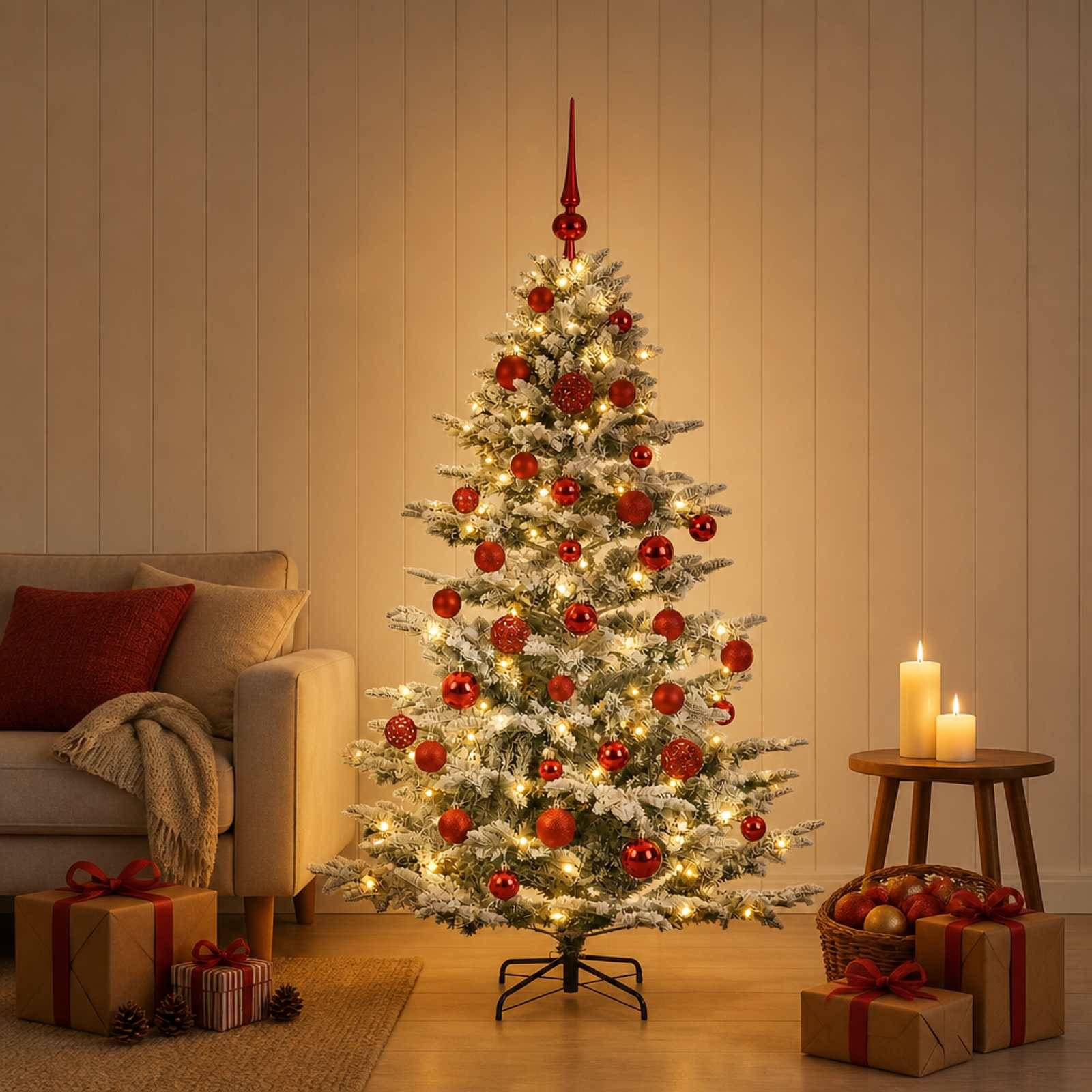 Geschmückter Weihnachtsbaum mit roten Kugeln und Lichtern in einem gemütlichen Wohnzimmer, neben einem Sofa, Kerzen und eingepackten Geschenken.