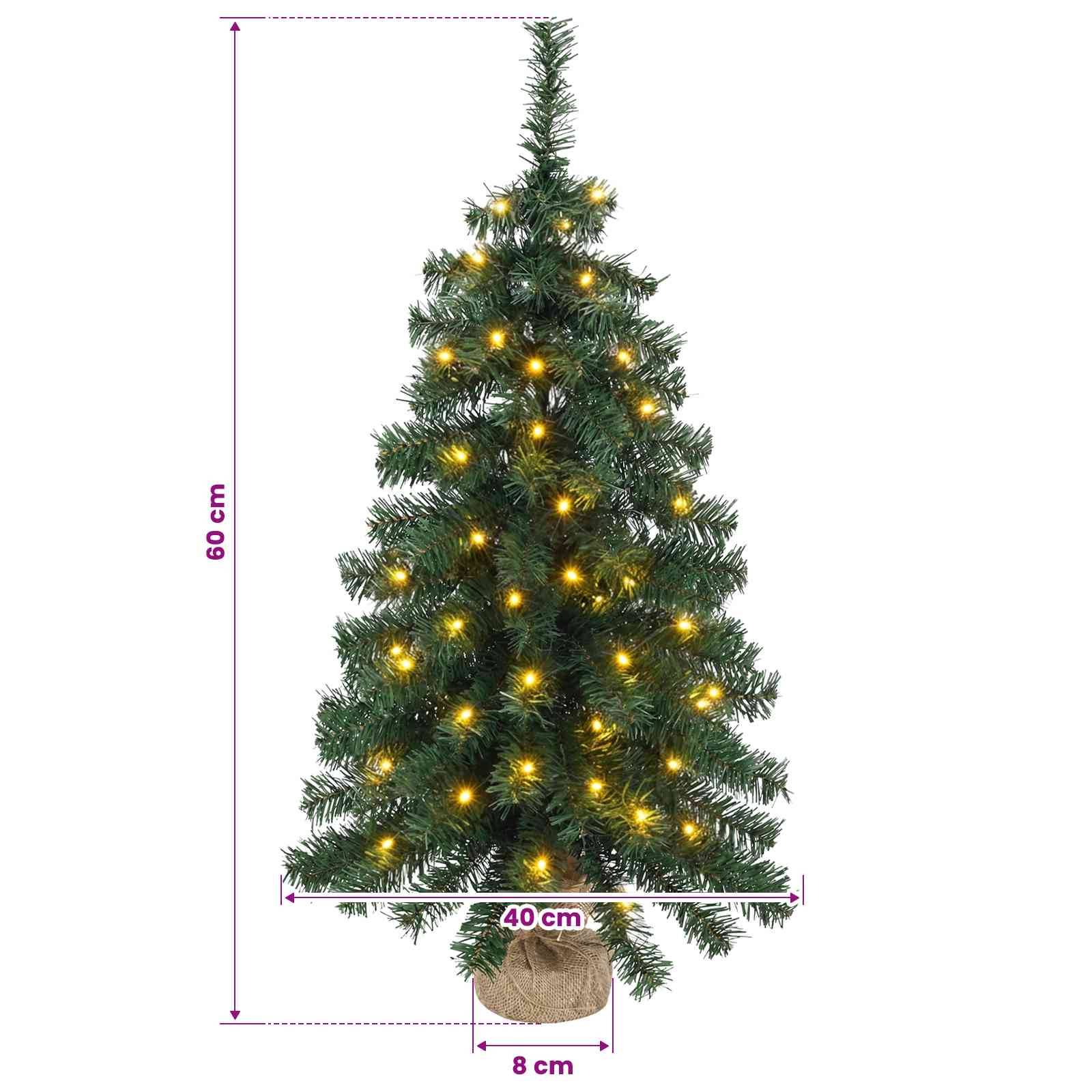 Kleiner künstlicher Weihnachtsbaum mit warmem Licht, gezeigt mit Abmessungen von 60 cm Höhe, 40 cm Breite und 8 cm Sockelbreite.