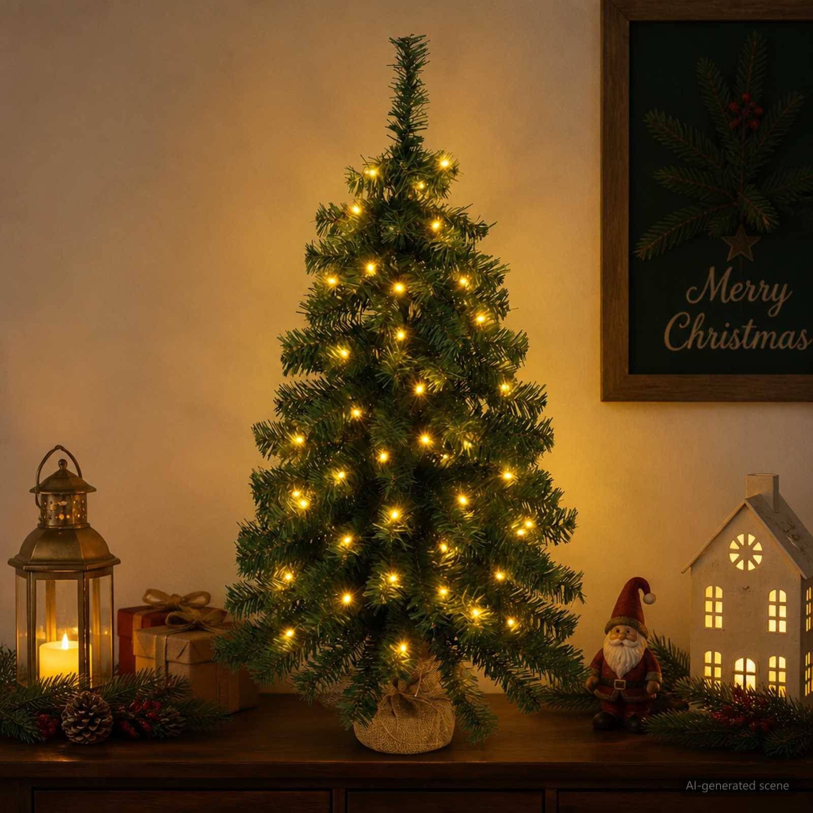 Ein leuchtender künstlicher Weihnachtsbaum auf einem Tisch, umgeben von Weihnachtsdekoration einschließlich Laternen, Geschenken, einer Weihnachtsmannfigur und einem leuchtenden Hausornament.