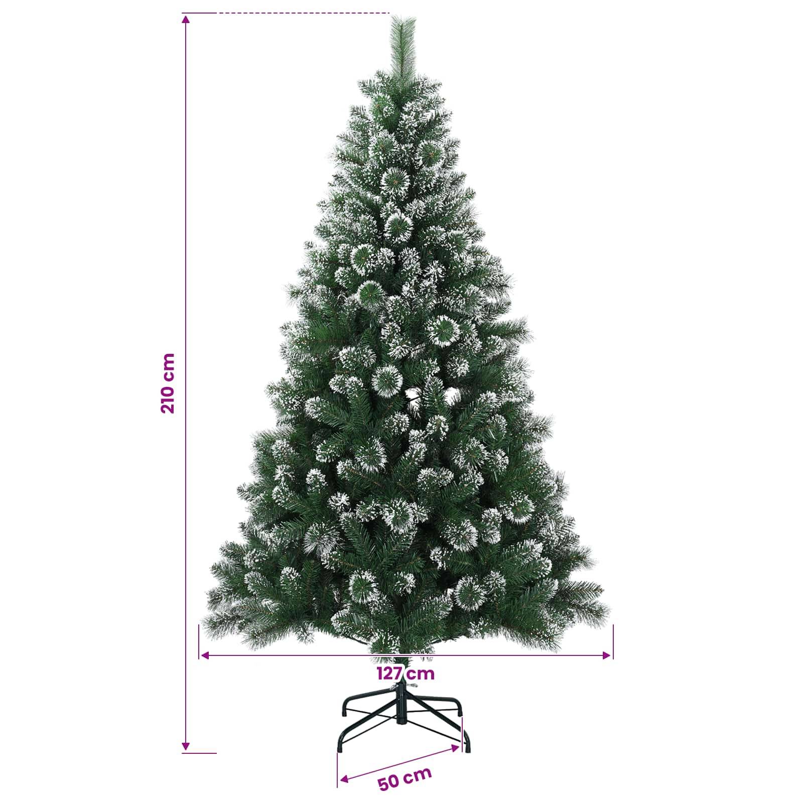 Produktbild eines schneebedeckten künstlichen Weihnachtsbaums auf einem Ständer, mit den Angaben 210 cm Höhe, 127 cm Breite und 50 cm Sockeltiefe.