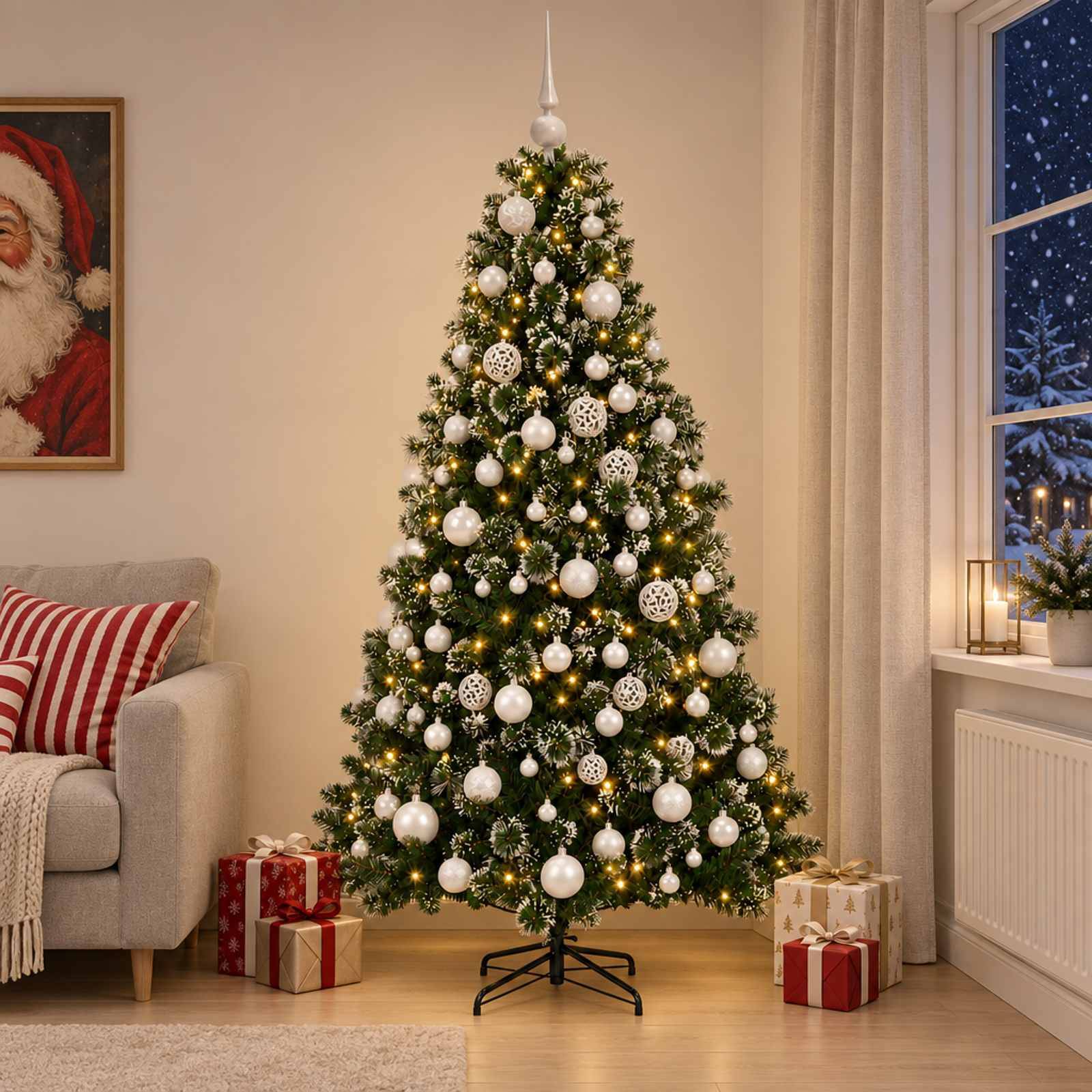 Geschmückter Weihnachtsbaum mit weißen Kugeln und Lichtern in einem gemütlichen Wohnzimmer, mit eingepackten Geschenken darunter und Blick auf ein verschneites Fenster.