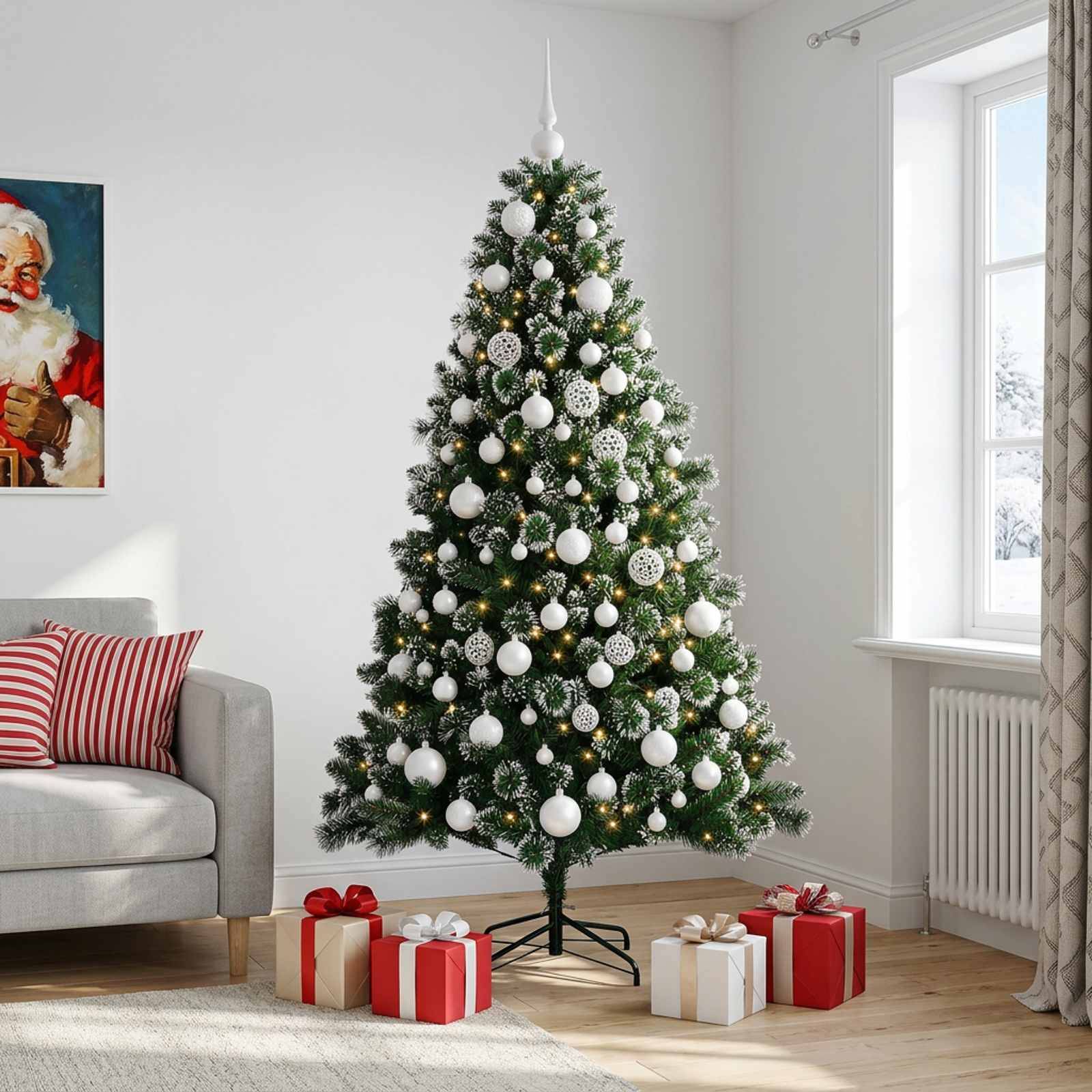 Ein dekorierter Weihnachtsbaum mit weißen Kugeln und Lichtern steht in einem hellen Wohnzimmer, mit eingepackten Geschenken darunter.
