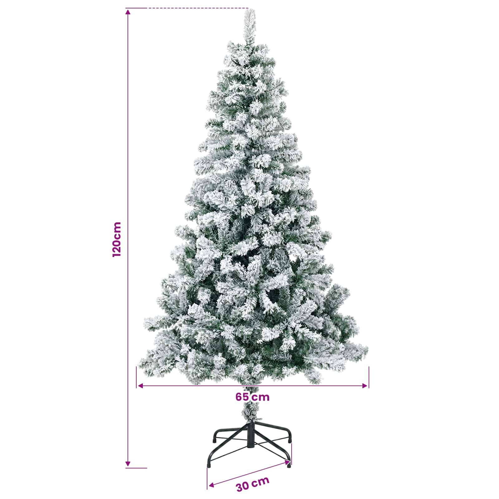 Schneebedeckter künstlicher Weihnachtsbaum mit Abmessungen: 120 cm hoch, 65 cm breit, 30 cm Basisbreite.