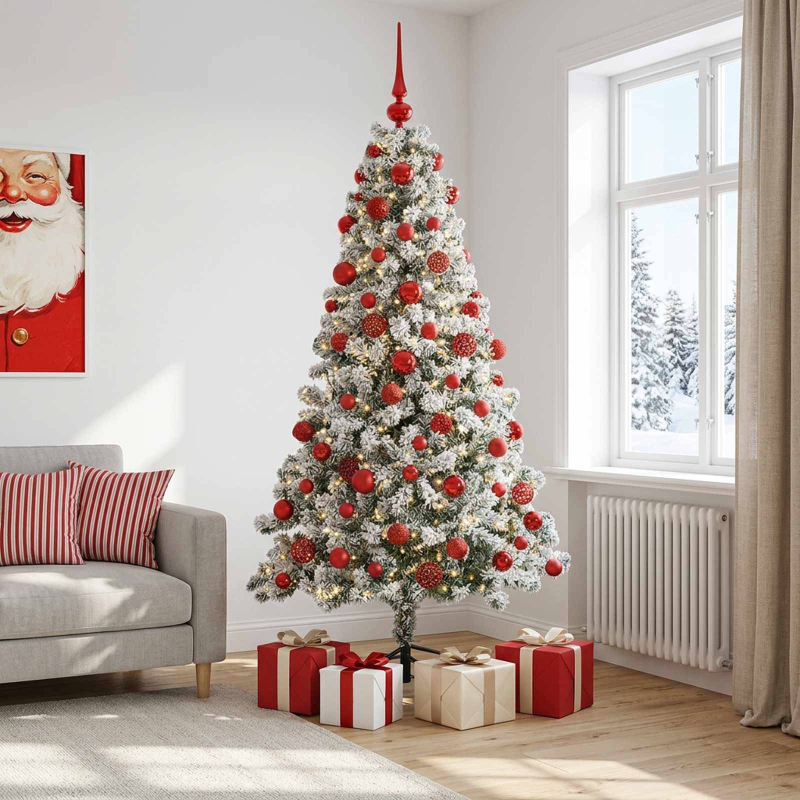 Ein geschmückter Weihnachtsbaum mit roten Kugeln und schneebedeckten Zweigen steht neben einem Fenster, darunter liegen eingewickelte Geschenke in einem hellen Wohnzimmer.