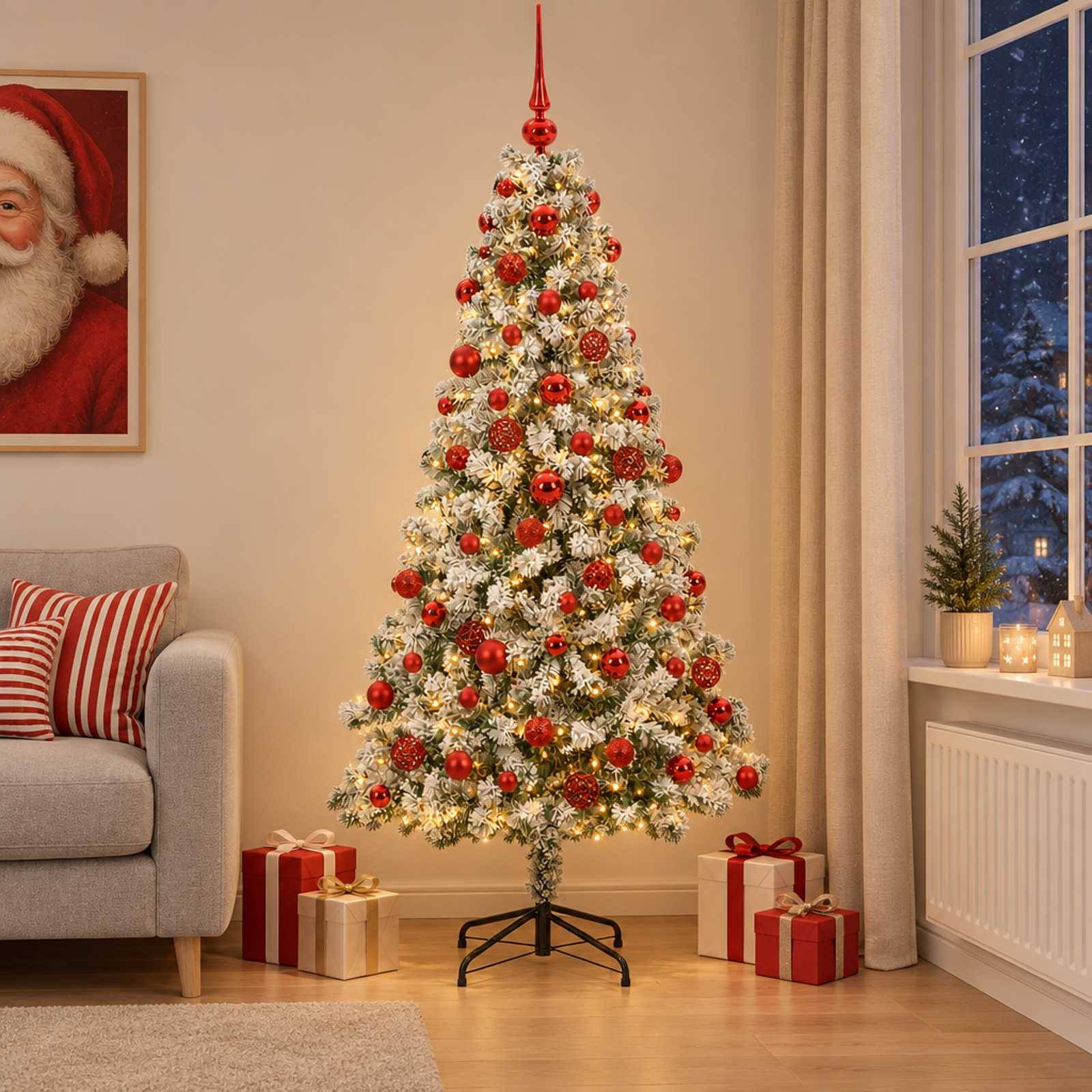 Dekorierter Weihnachtsbaum mit weißen Lichtern und roten Kugeln in einem gemütlichen Wohnzimmer neben eingepackten Geschenken, mit einem Weihnachtsmannporträt und Fensterblick.