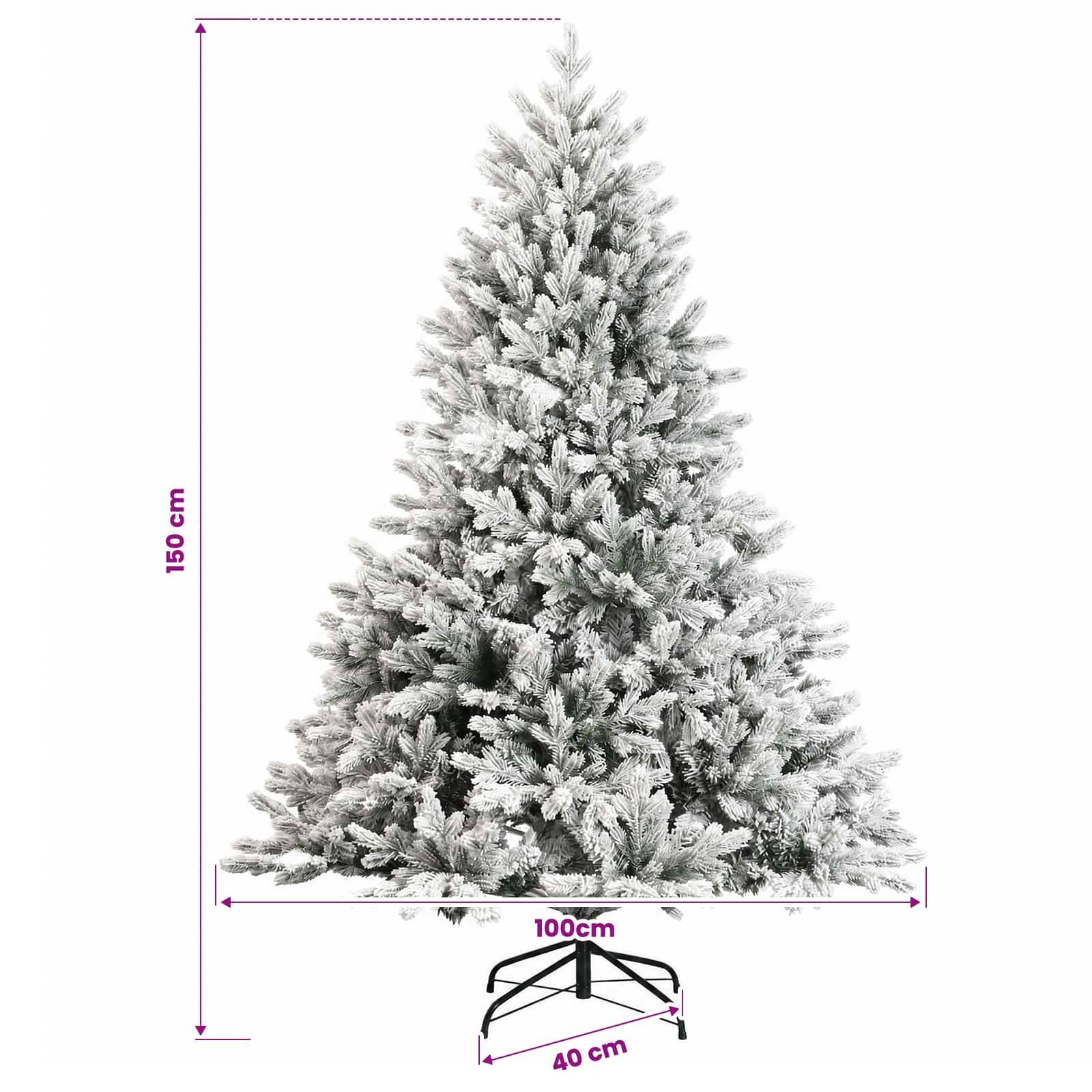 Schneebedeckter künstlicher Weihnachtsbaum, 150 cm hoch und 100 cm breit, mit einer 40 cm breiten Standfußbasis, dargestellt durch Messpfeile.