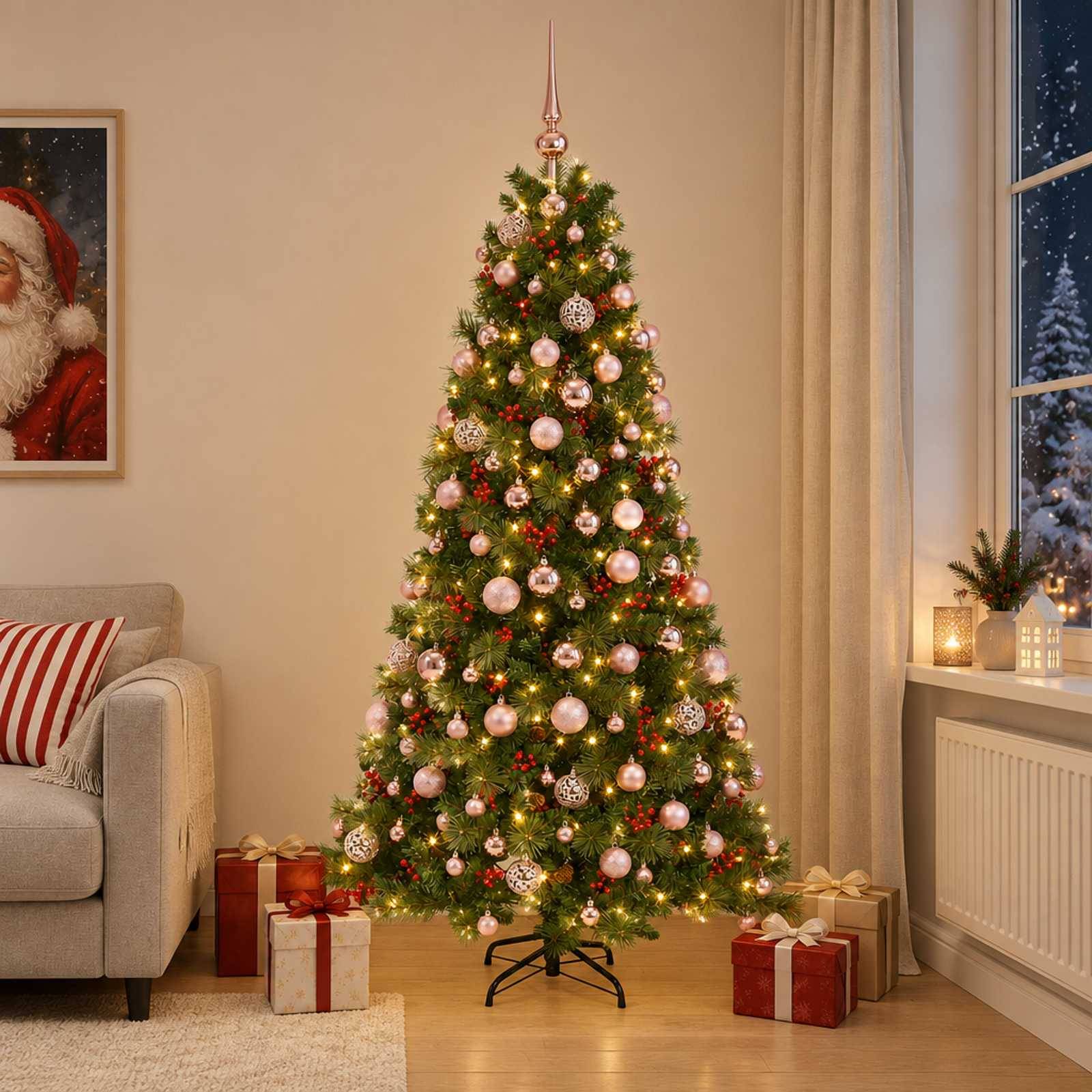 Mit Lichtern und rosa Ornamenten geschmückter Weihnachtsbaum in einem gemütlichen Wohnzimmer, neben eingepackten Geschenken und einem Sofa.