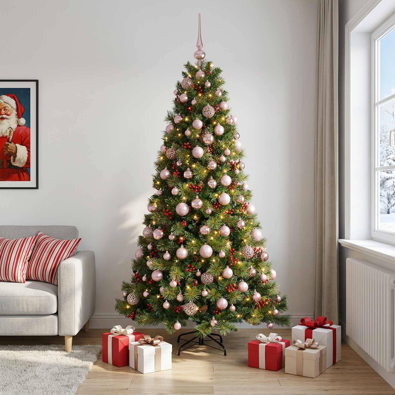 Geschmückter Weihnachtsbaum mit rosa und goldenen Kugeln und Geschenken darunter in einem hellen Wohnzimmer neben einem Fenster.