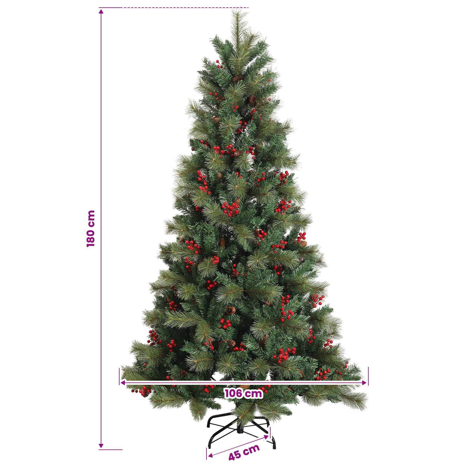 Künstlicher Weihnachtsbaum mit roten Beeren, gezeigt mit Abmessungen: 180 cm hoch, 106 cm breit und 45 cm Basisbreite.