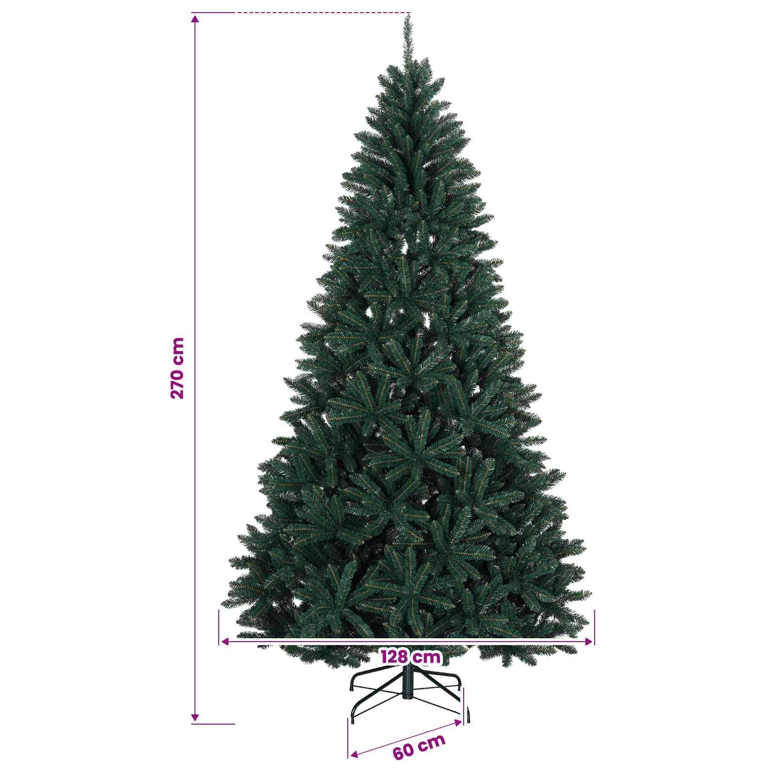 Künstlicher Weihnachtsbaum mit Ständer, gezeigt mit Maßen: 270 cm Höhe und 128 cm Breite; Basis ist 60 cm breit.