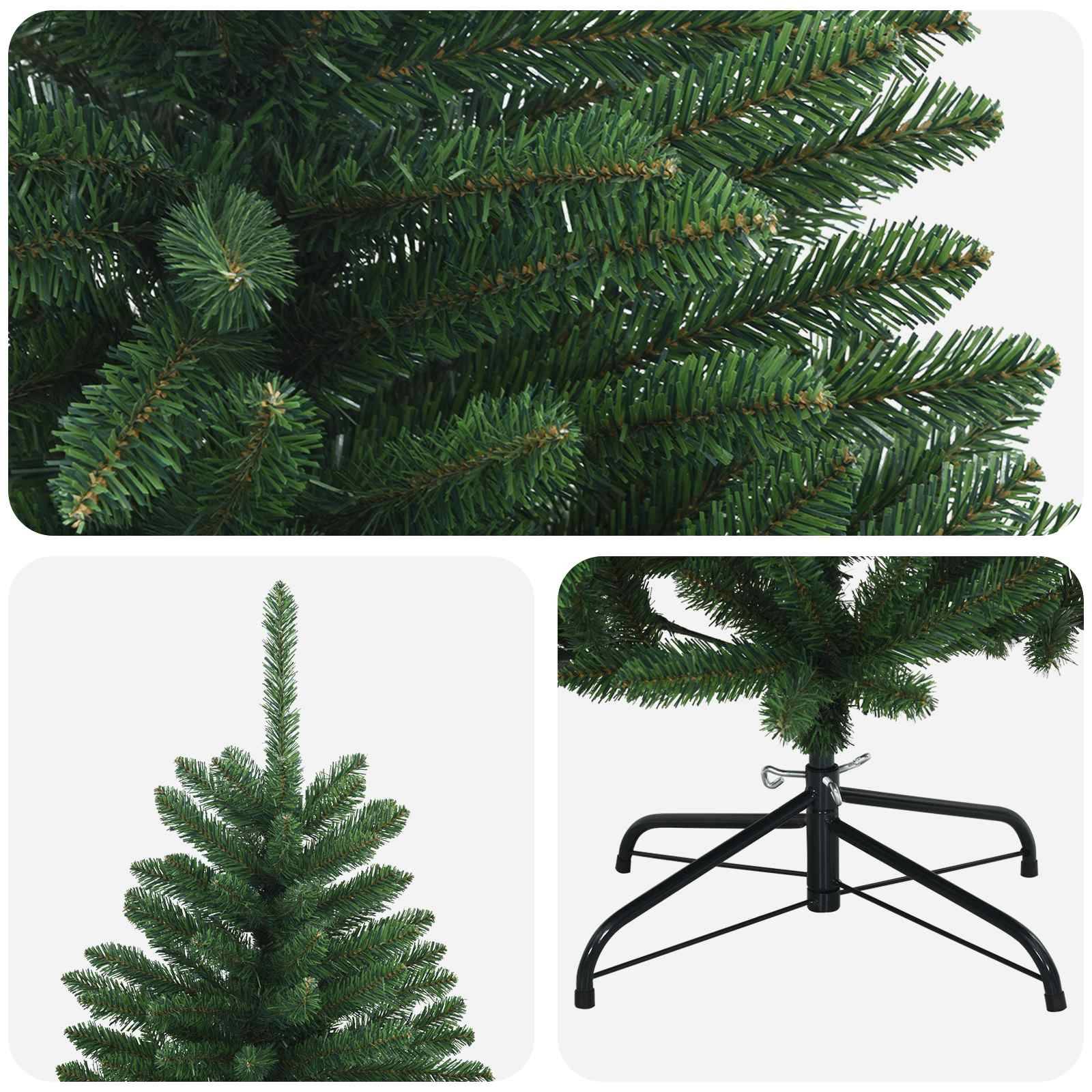 Künstlicher Weihnachtsbaum in Nahaufnahme, Gesamtansicht und Ständer dargestellt, wobei dichte grüne Äste und die Metallstütze hervorgehoben werden.