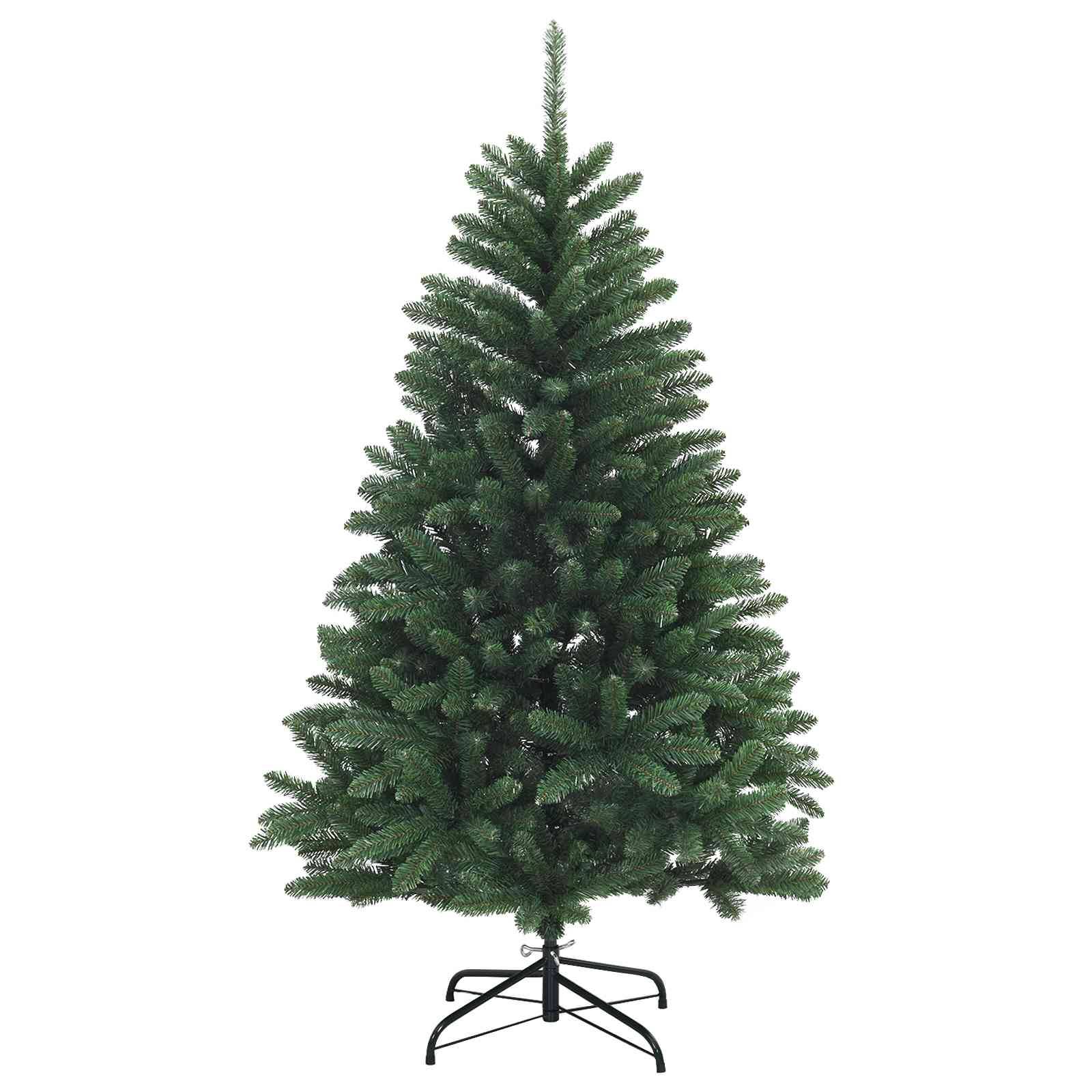 Unbeleuchteter künstlicher Weihnachtsbaum mit schwarzem Metallständer auf weißem Hintergrund.