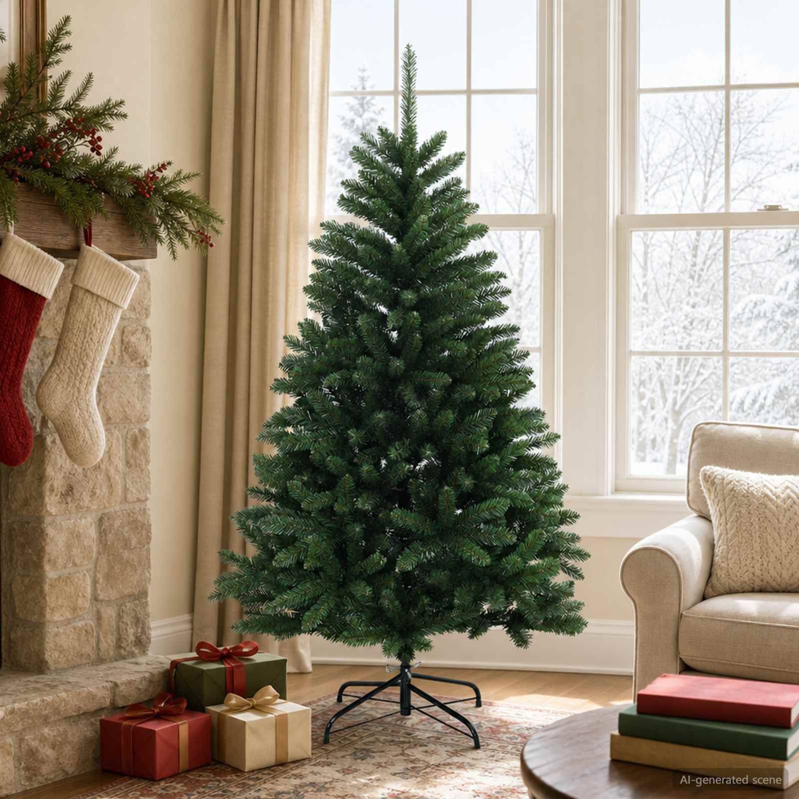 Undekorierter künstlicher Weihnachtsbaum in einem Wohnzimmer neben einem Kamin, mit eingewickelten Geschenken darunter und Strümpfen, die in der Nähe aufgehängt sind.
