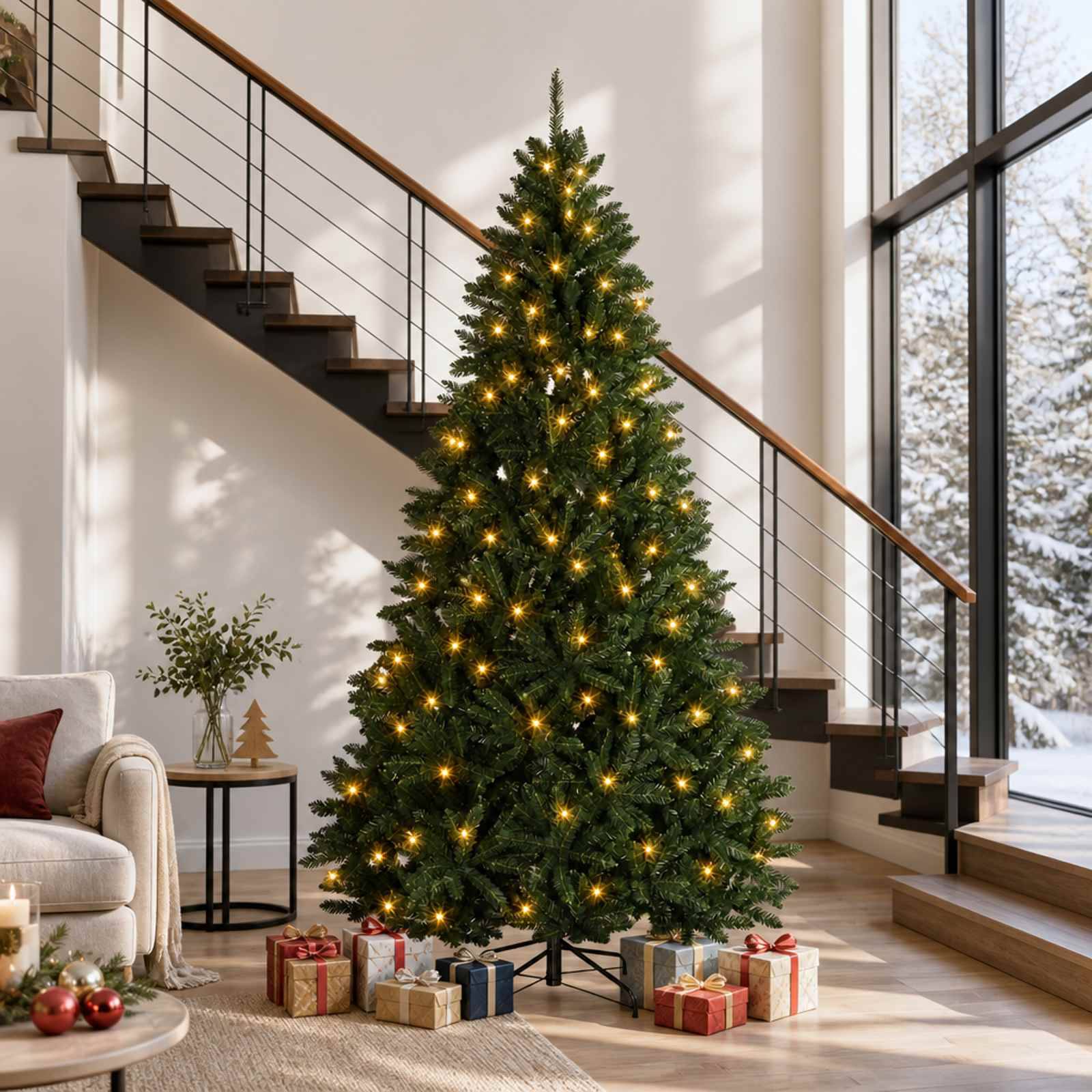 Beleuchteter Weihnachtsbaum mit Geschenken in einem modernen Wohnzimmer neben einer Treppe und großen Fenstern.