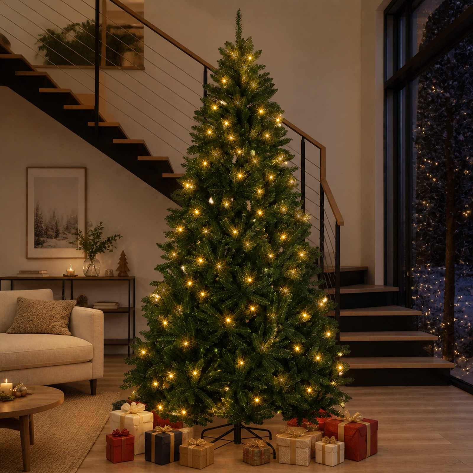 Großer beleuchteter Weihnachtsbaum in einem modernen Wohnzimmer, mit eingepackten Geschenken am Fuße und Treppe im Hintergrund.