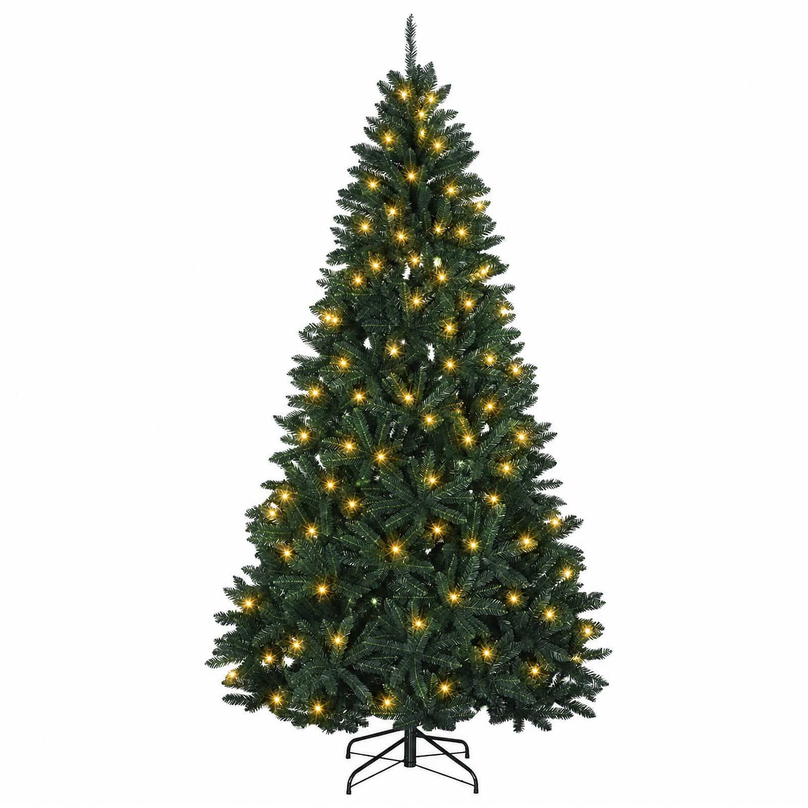 Künstlicher Weihnachtsbaum mit warmweißen Lichtern auf einem Ständer, vor einem einfachen weißen Hintergrund dargestellt.