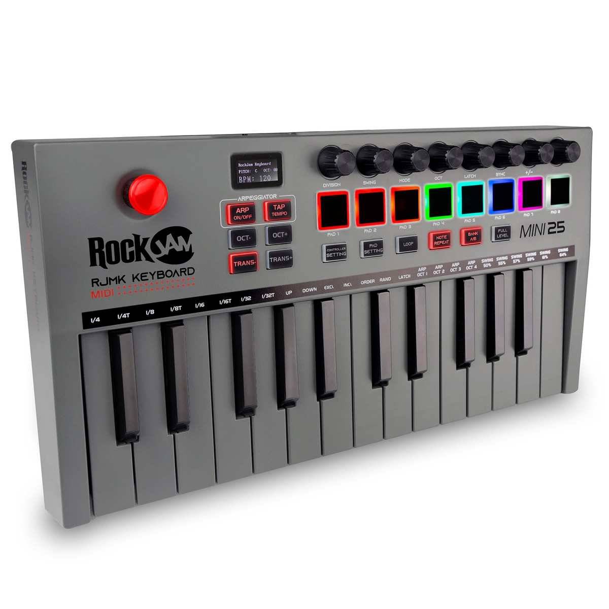 RockJam Go 25 Key USB & Bluetooth MIDI Keyboard Controller With 8 Backlit Drum