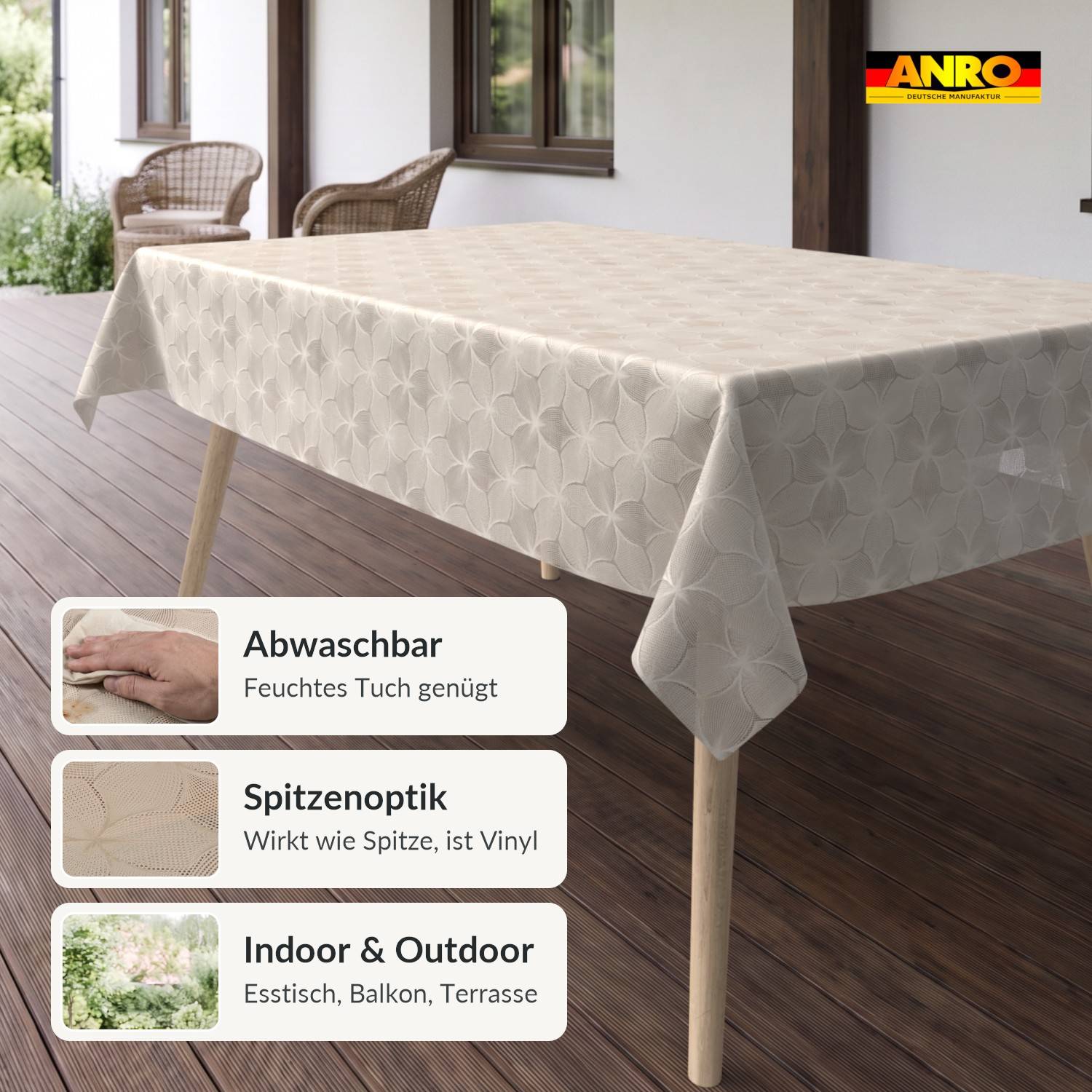 Outdoor-Esstisch mit beigefarbener, spitzenmusterähnlicher Vinyl-Tischdecke; Beschriftungen sagen „Abwaschbar", „Spitzenoptik"" und „Indoor & Outdoor"".