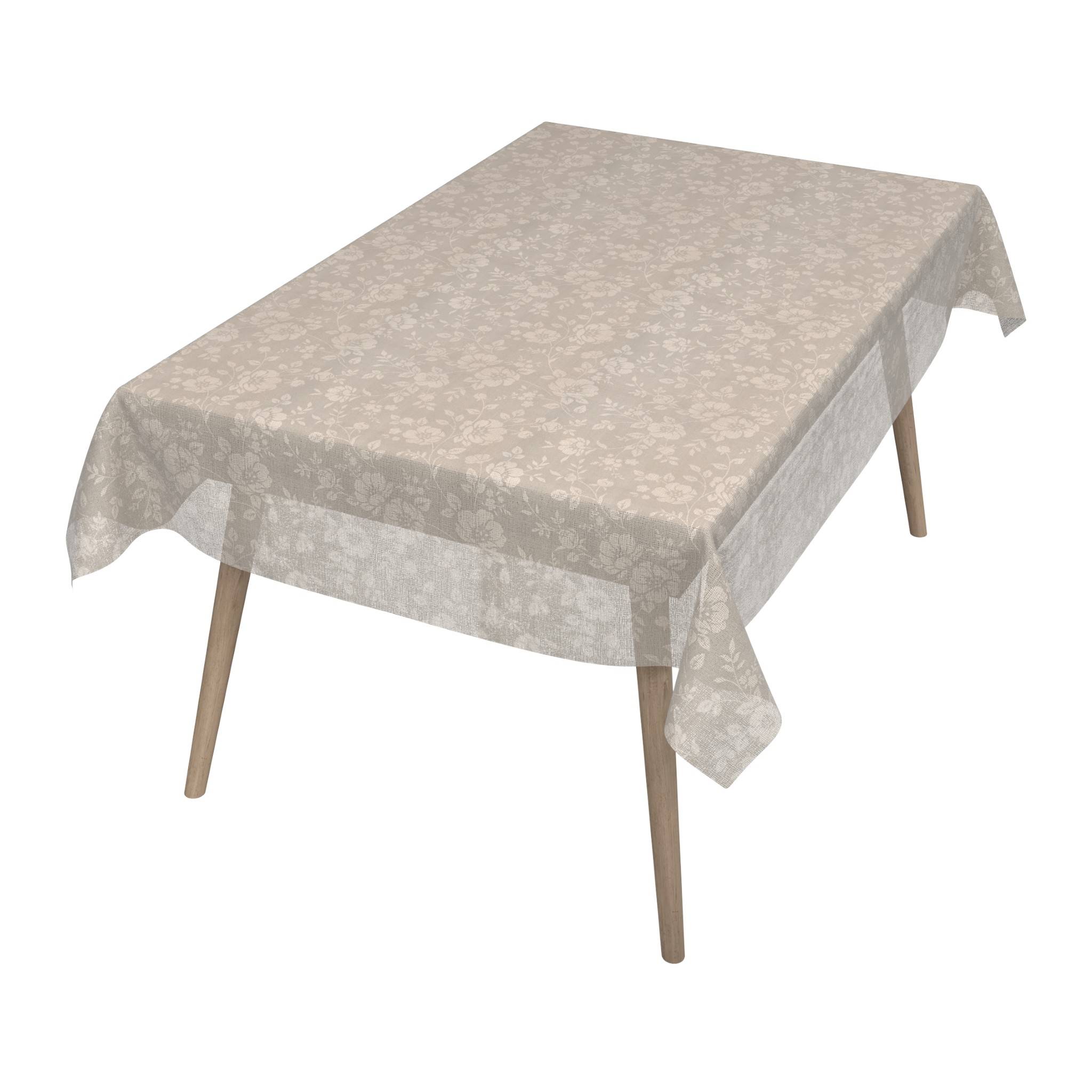 Rechteckiger Esstisch mit beige gemusterter Blumentischdecke, auf weißem Hintergrund dargestellt.