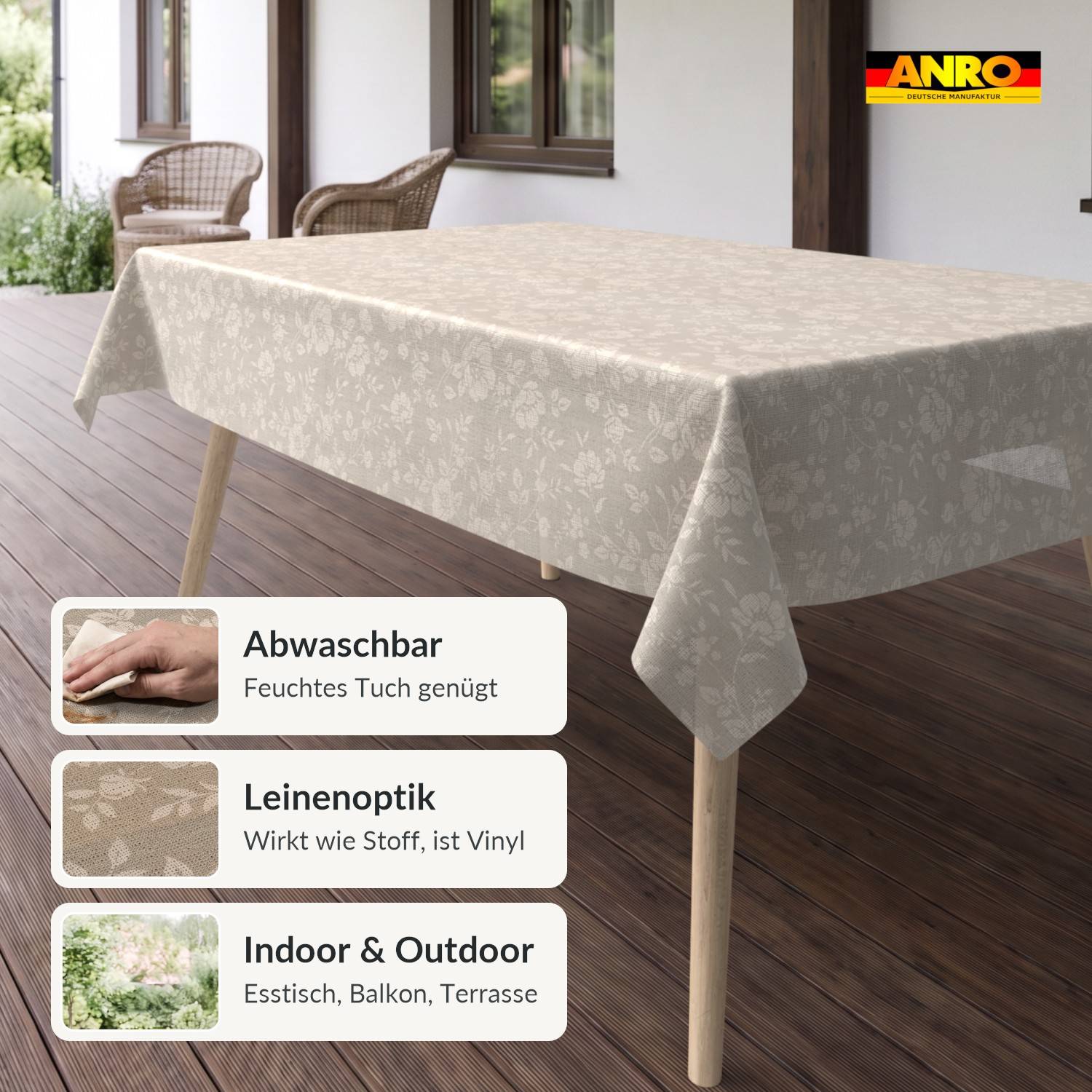 Vinyl-Tischdecke auf einem Esstisch im Freien; die Etiketten besagen, dass sie waschbar, leinenähnlich und für den Innen- und Außenbereich geeignet ist.